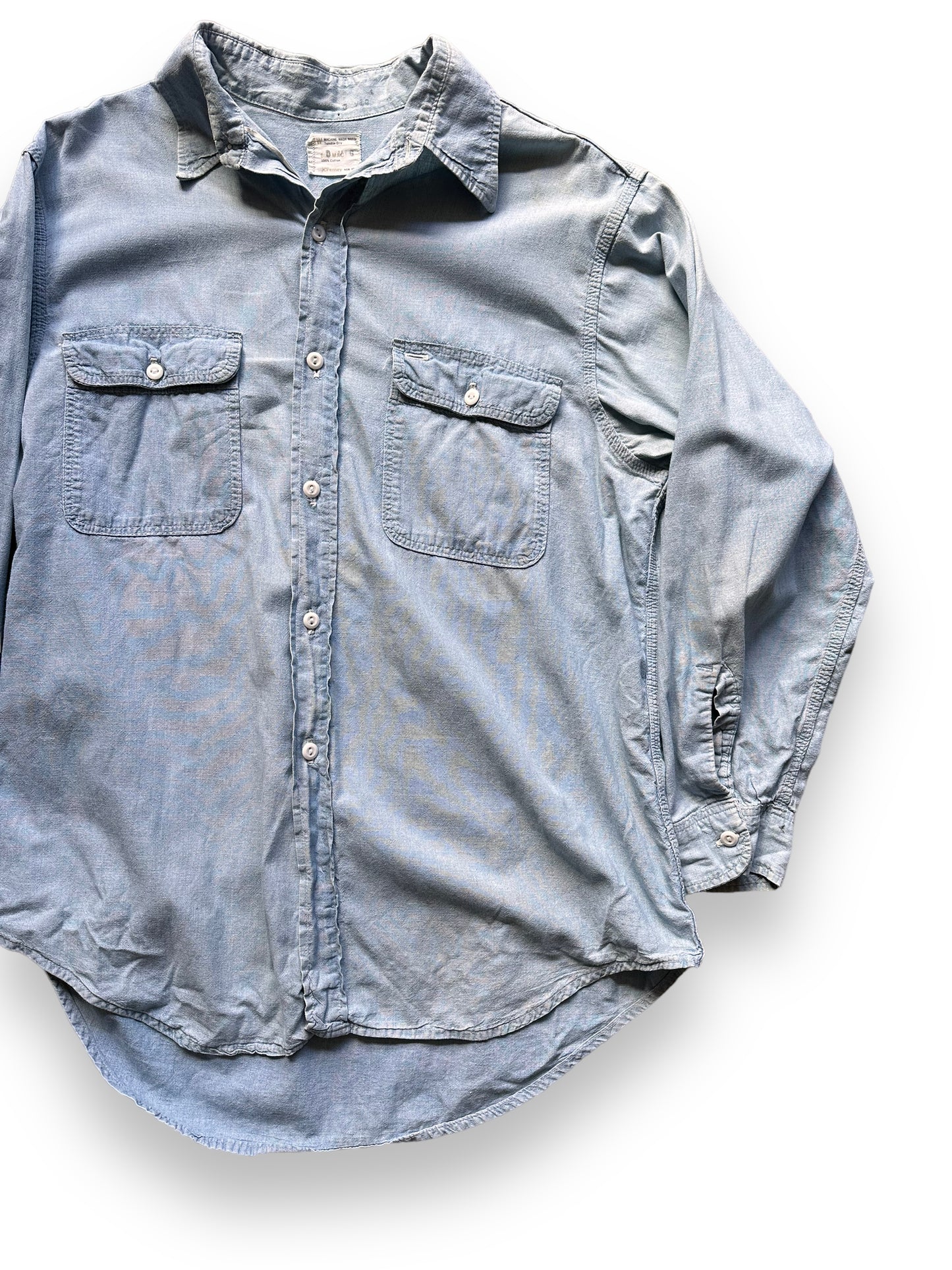 Front Right View of Vintage Penney's Paramount Pictures 100% Cotton Chambray Shirt SZ XL | Vintage Chambray Work Shirt Seattle | Vintage Clothing Seattle