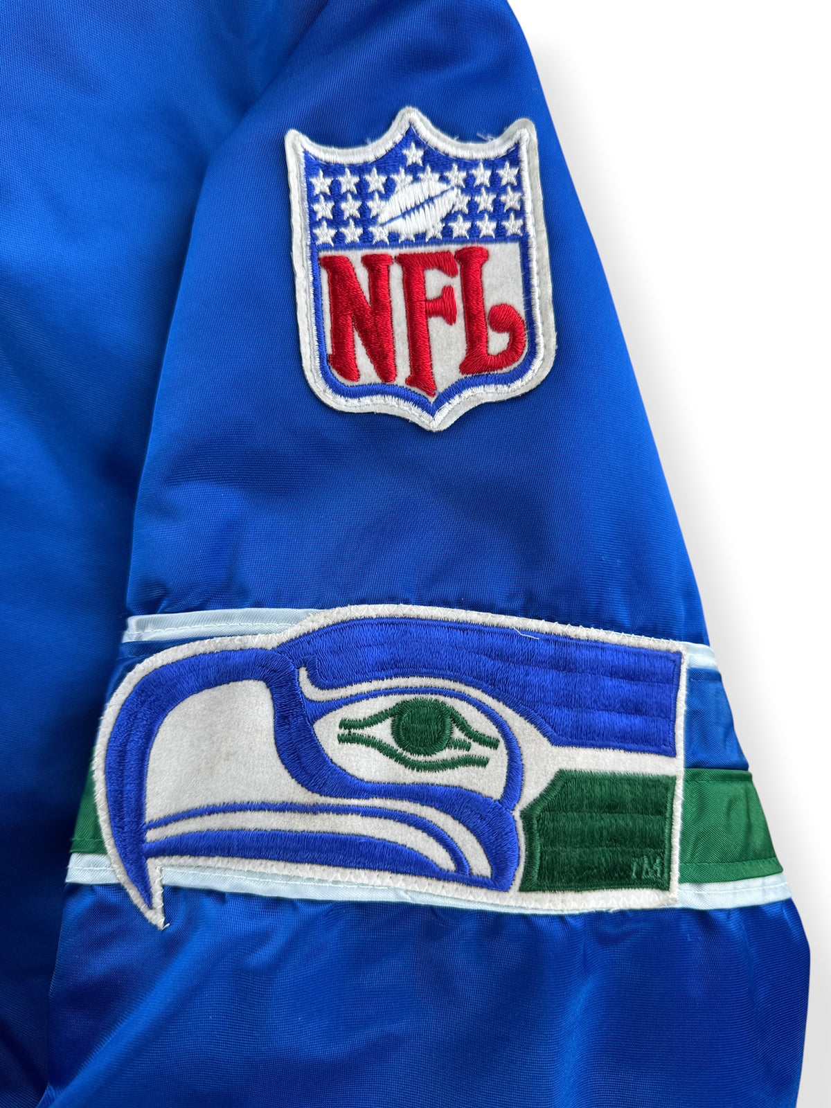 NFL and Seahawks logo on sleeve of Vintage Seattle Seahawks Starter Jacket SZ XL