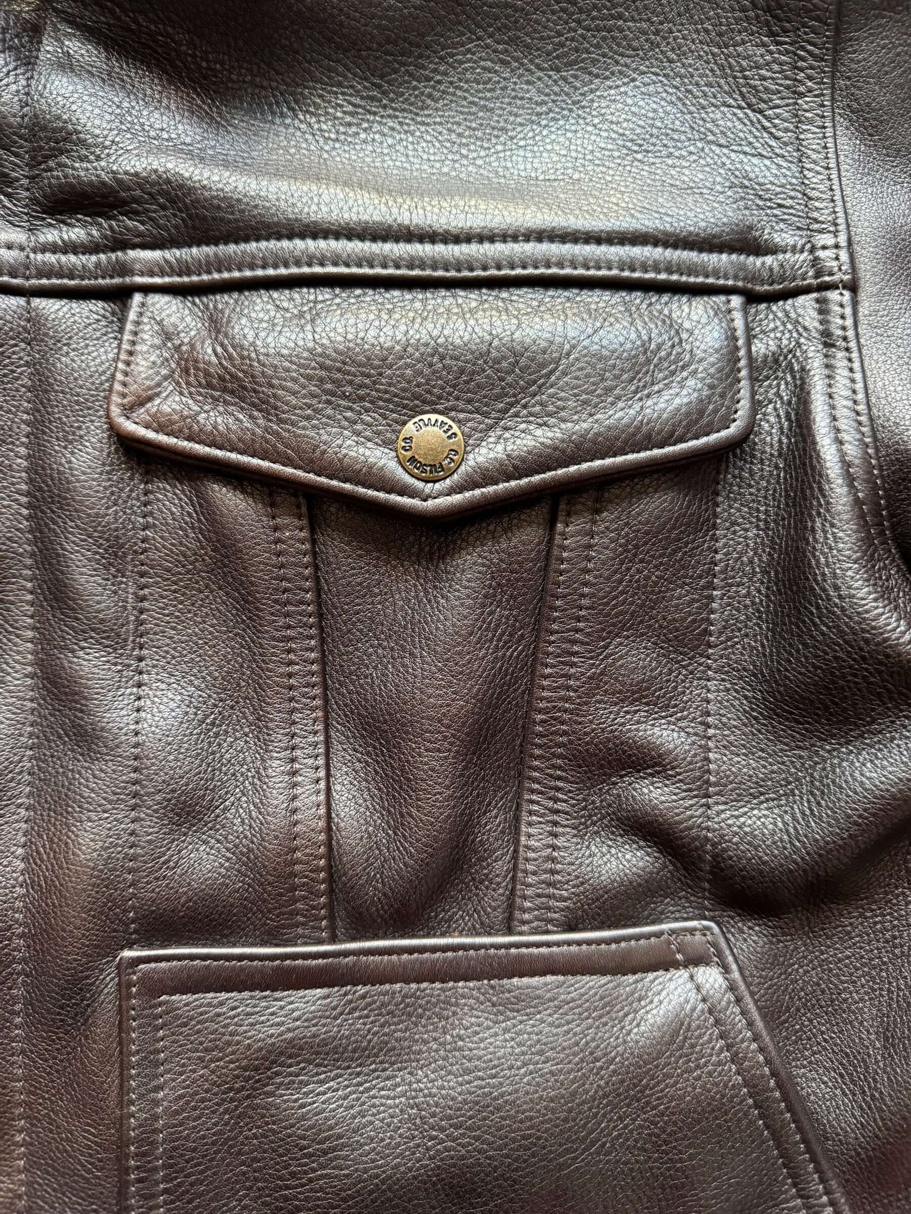 pocket on Filson Leather Short Lined Cruiser Jacket SZ M