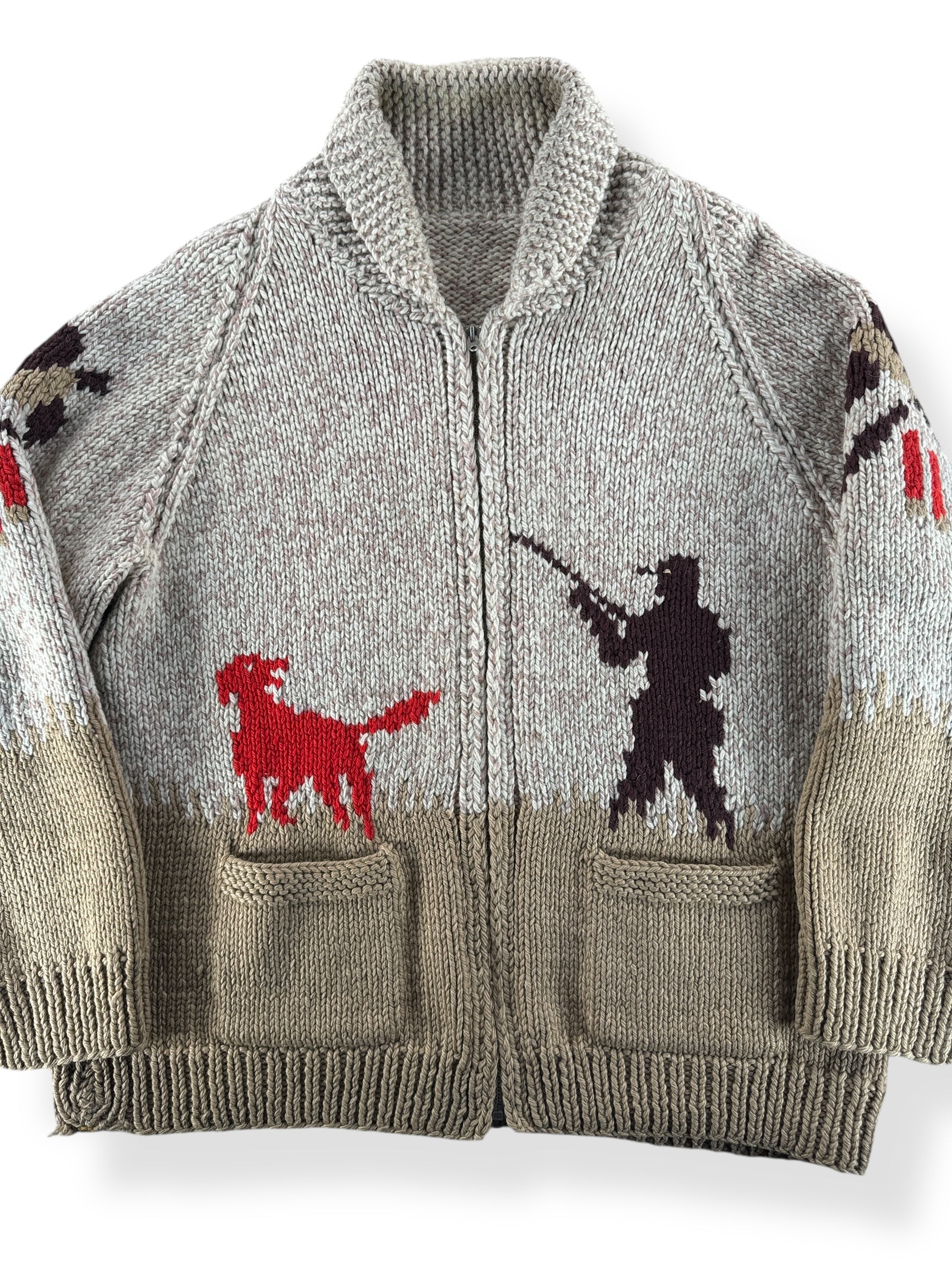Front Close Up of Vintage Pheasant Hunting Themed Cowichan Style Sweater SZ XL