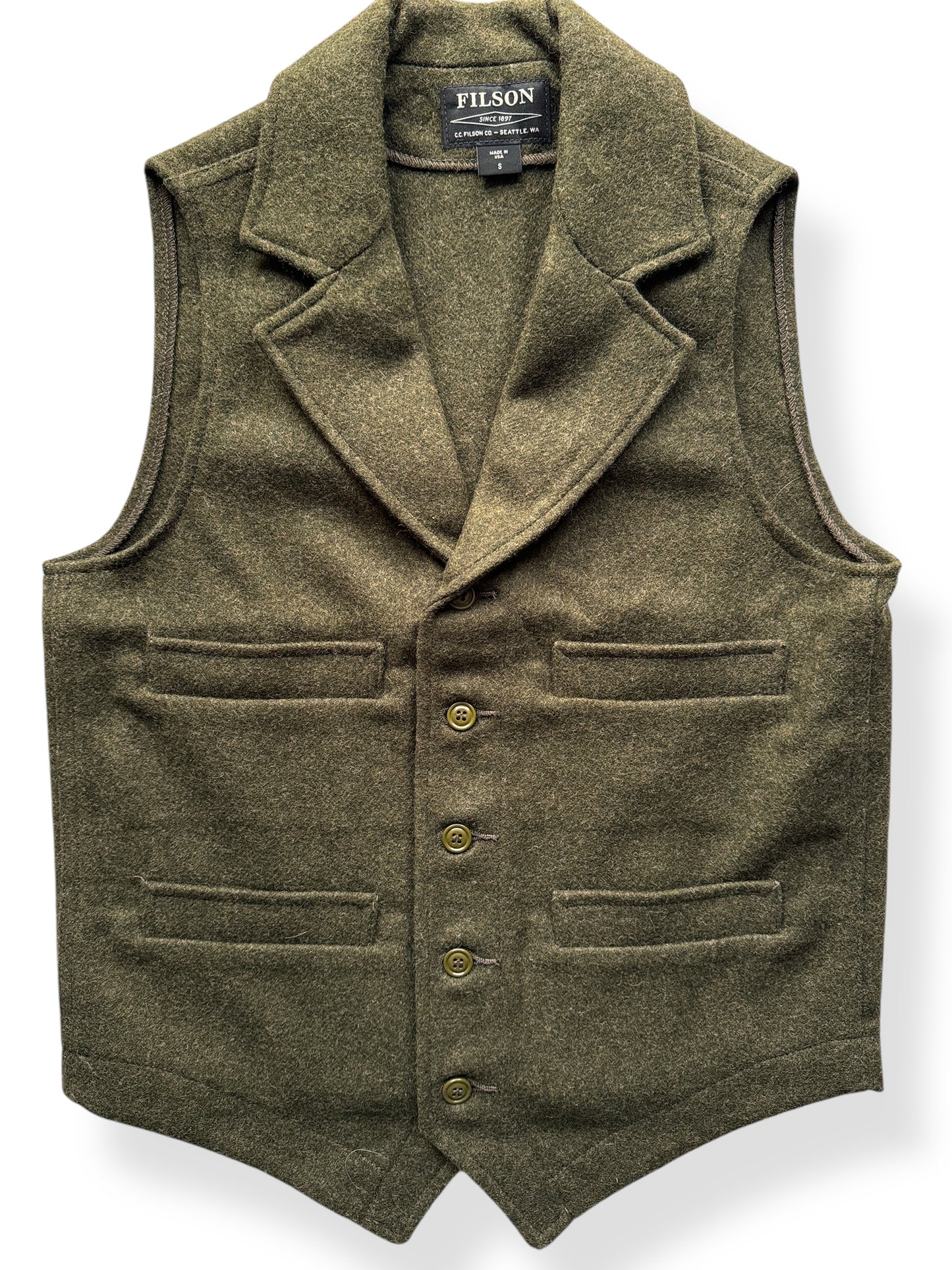 Front Close Up of Filson Mackinaw Wool Forest Green Western Vest SZ S