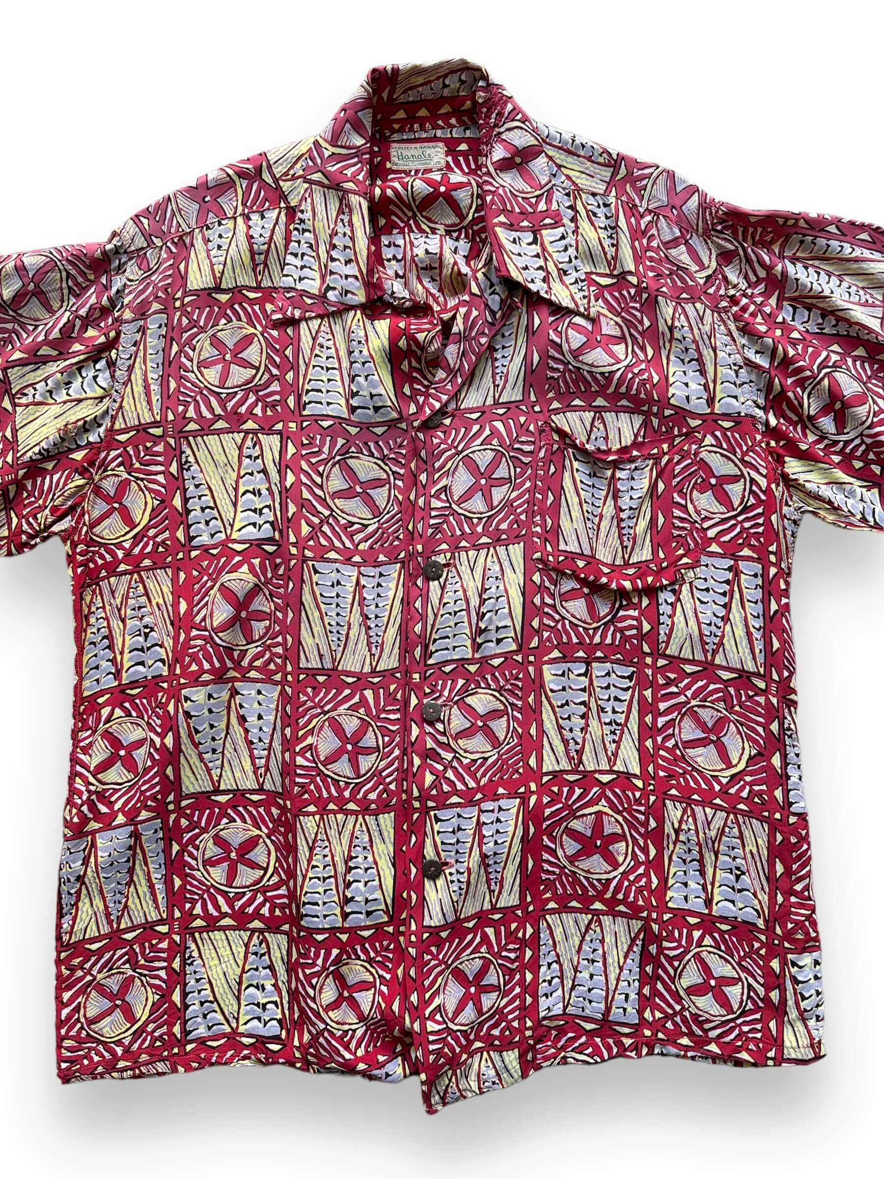 front close up of Vintage Hanale Rayon Aloha Shirt SZ L