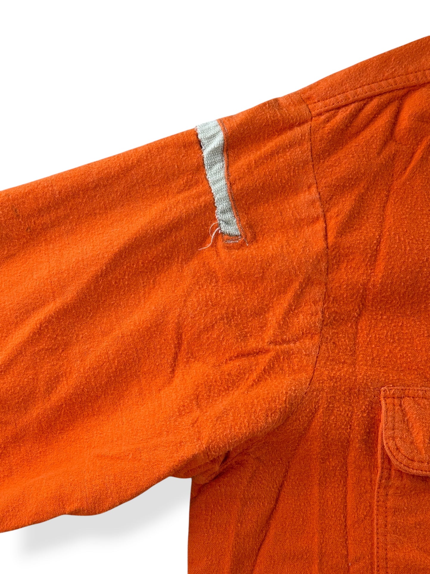 Cutt off patch on sleeve of Vintage 1980s Big Mac Orange Chamois Cloth Shirt SZ L