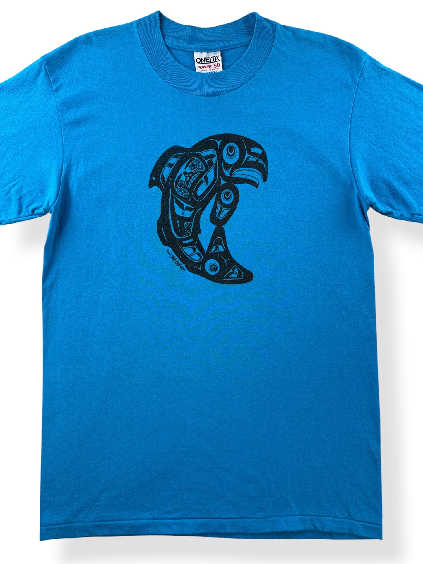Front Close Up of Vintage Blue 1990 First Nations Orca Tee SZ L (Fits M)
