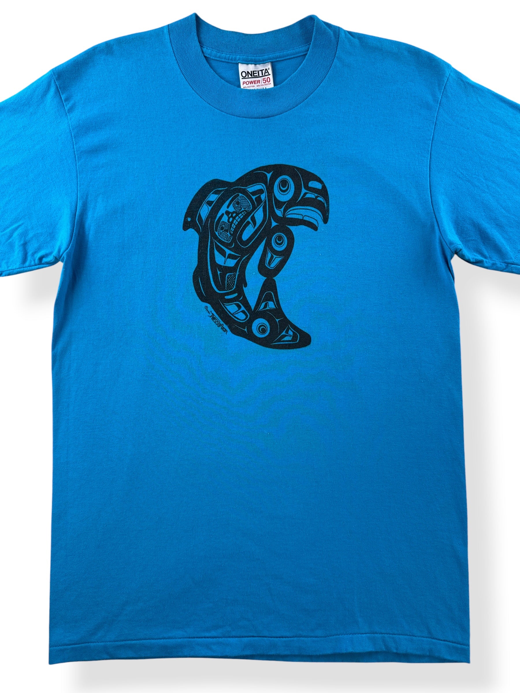 Front Close Up of Vintage Blue 1990 First Nations Orca Tee SZ L (Fits M)