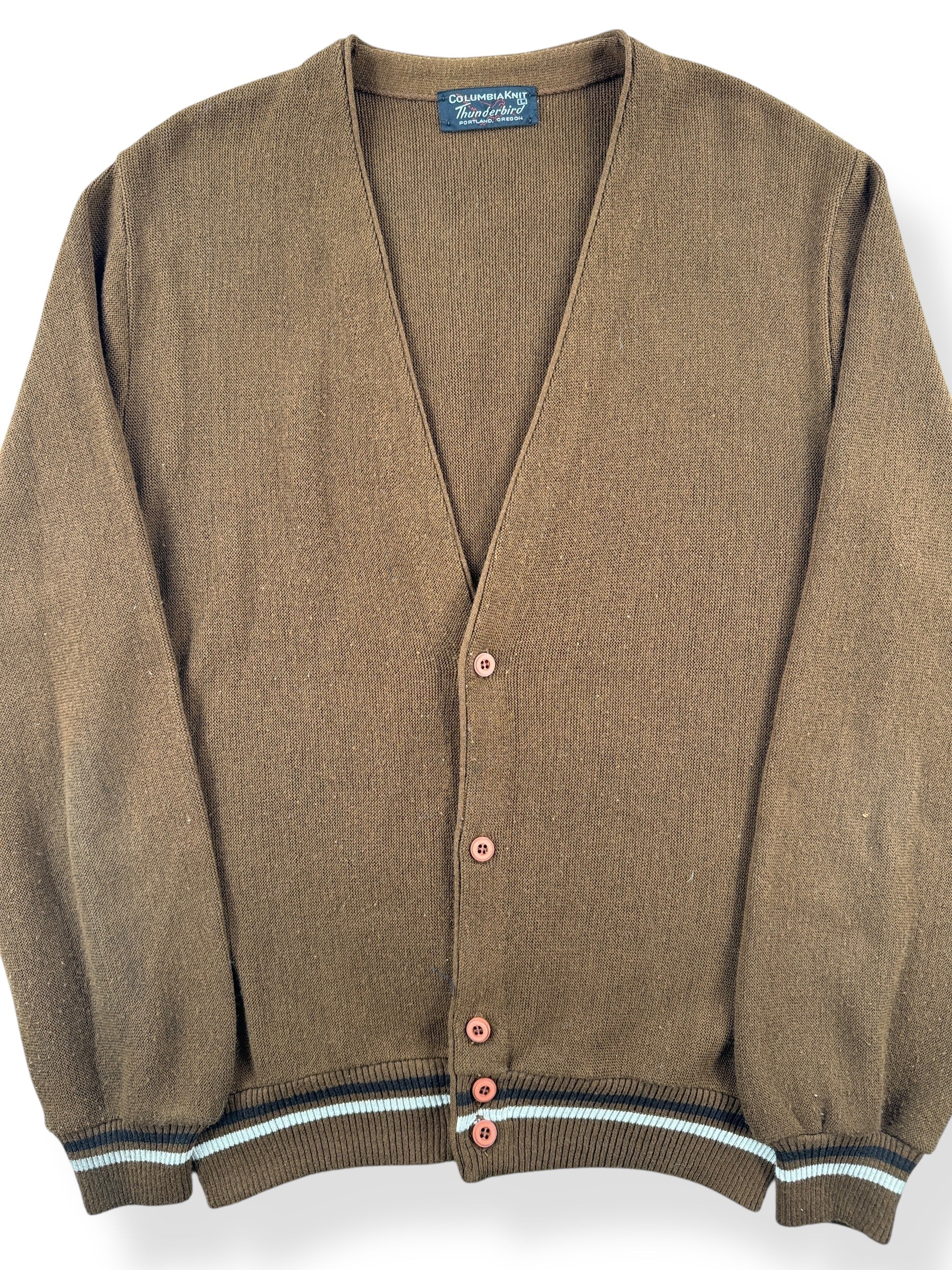 Front Close Up of Vintage Columbia Knit Thunderbird Cardigan SZ L