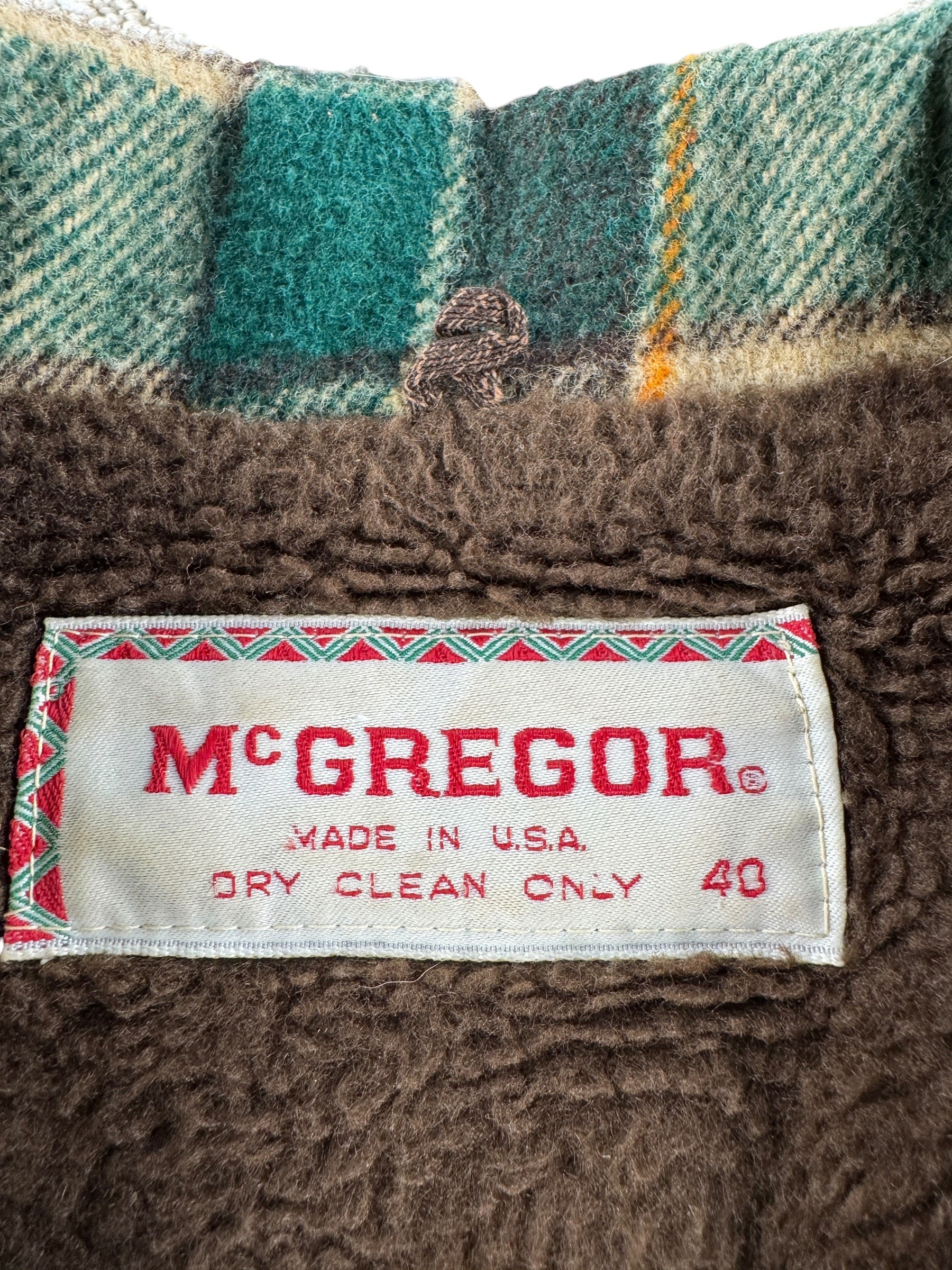 Tag on Vintage McGregor Fleece Lined Plaid Jacket SZ 40