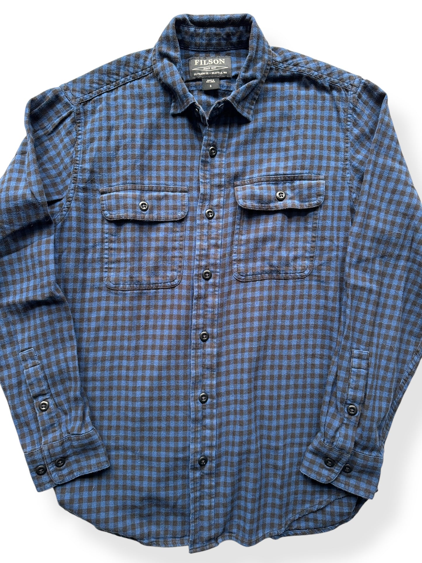 Front Close Up of Filson Blue Black Cotton Flannel Shirt SZ S