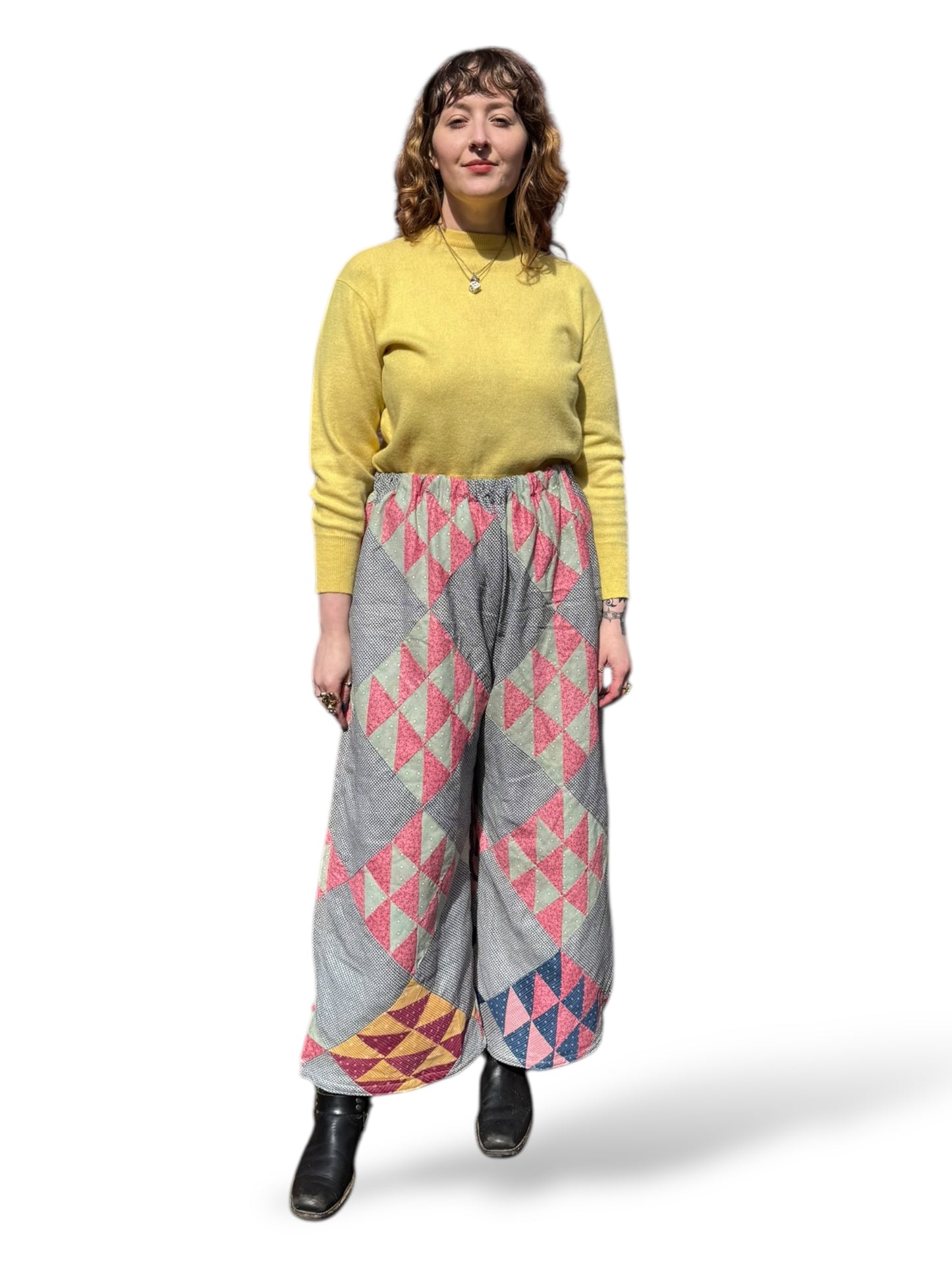 On Body Front of Archive Craft X Barn Owl Vintage Quilt Pants SZ L