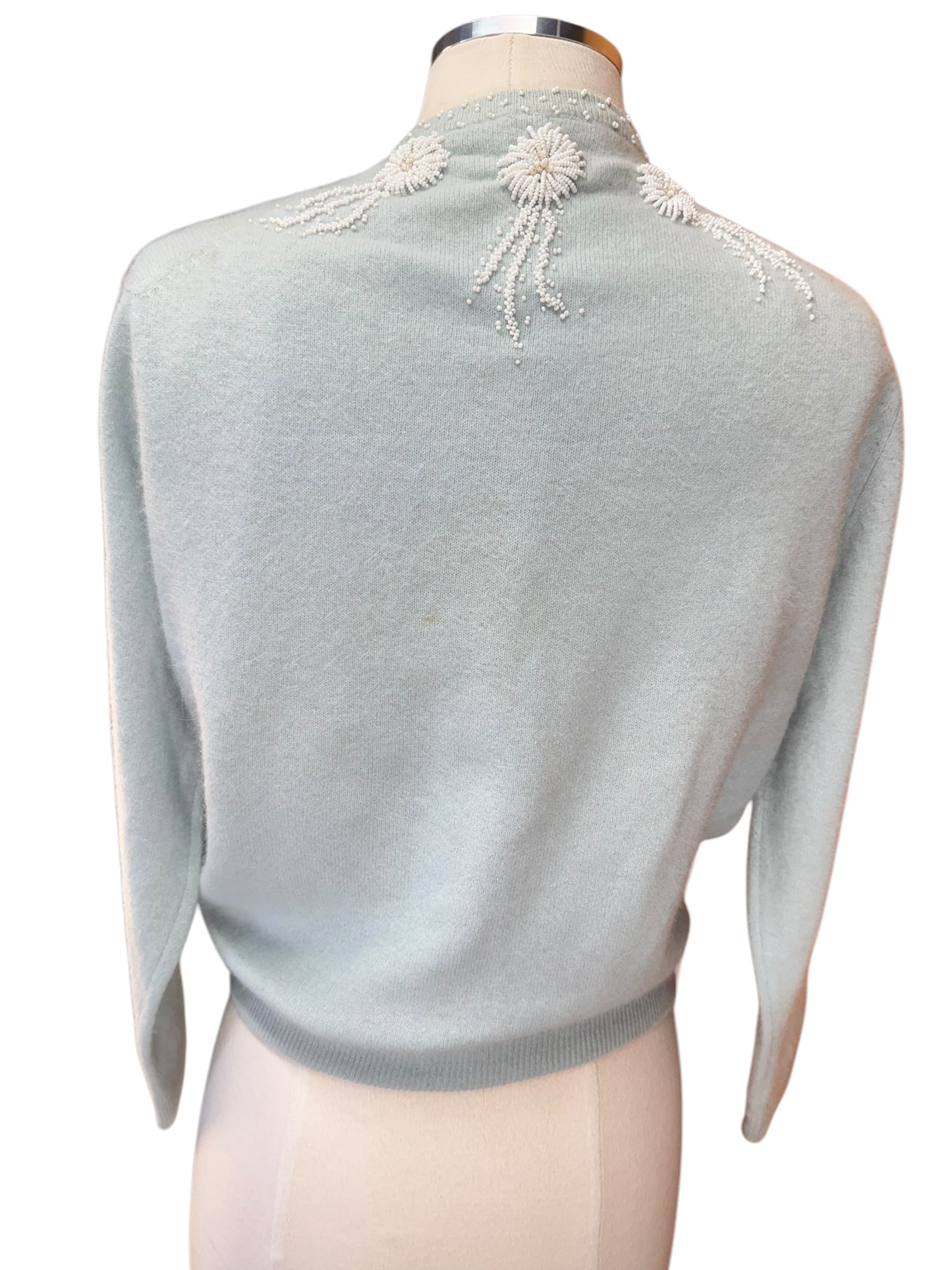 Back view of 1950s Pale Blue Beaded Angora/Lamb's Wool Cardigan M