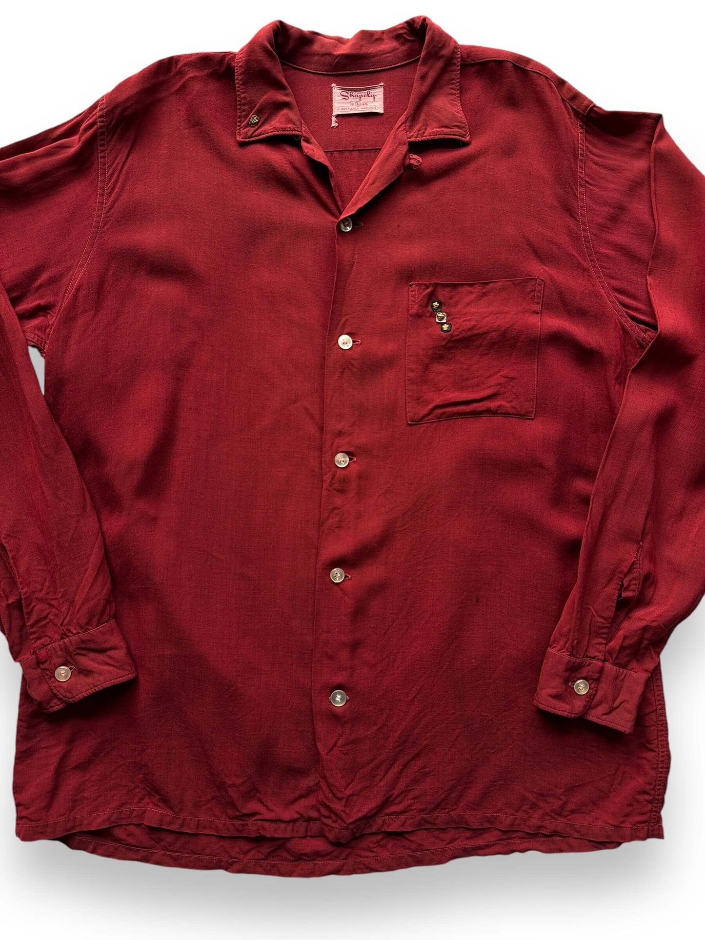 front close up of Vintage Shapely Burgundy Rayon Gabardine Shirt SZ L