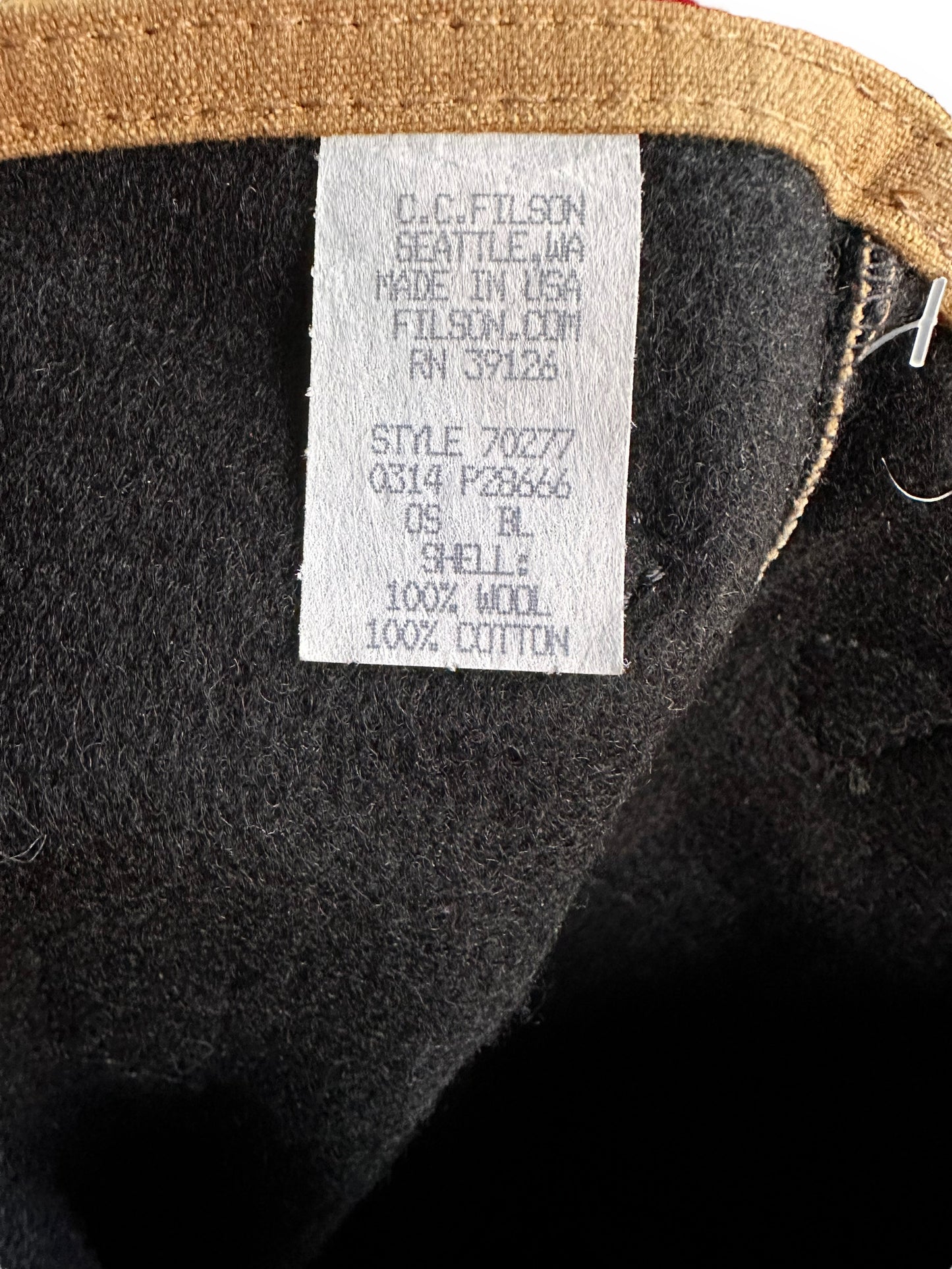Production Tag View of Filson Wool Tin Cloth Tote Bag SZ S |  Barn Owl Vintage Goods | Vintage Filson Workwear Seattle