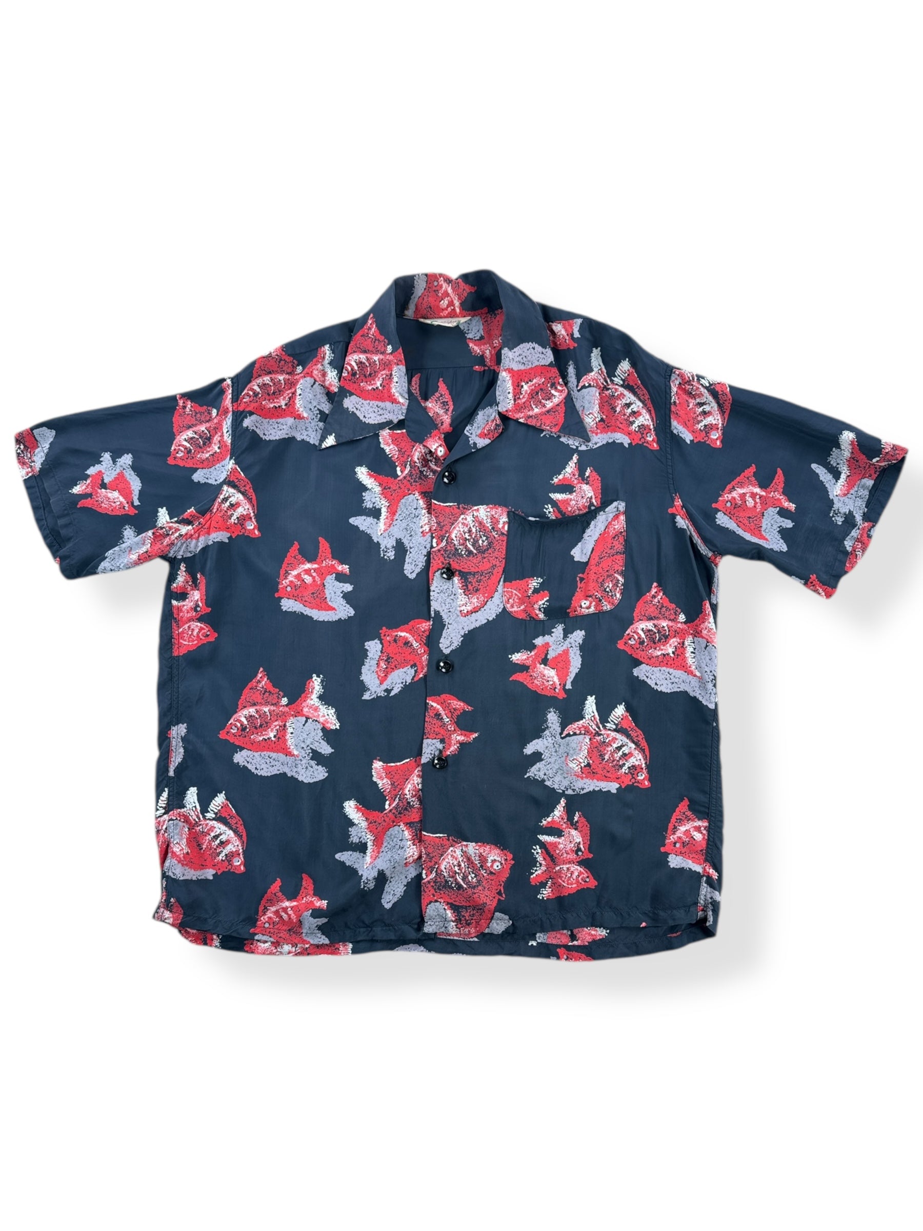 Front of Vintage Made in California Fish Pattern Aloha Shirt SZ L AS IS