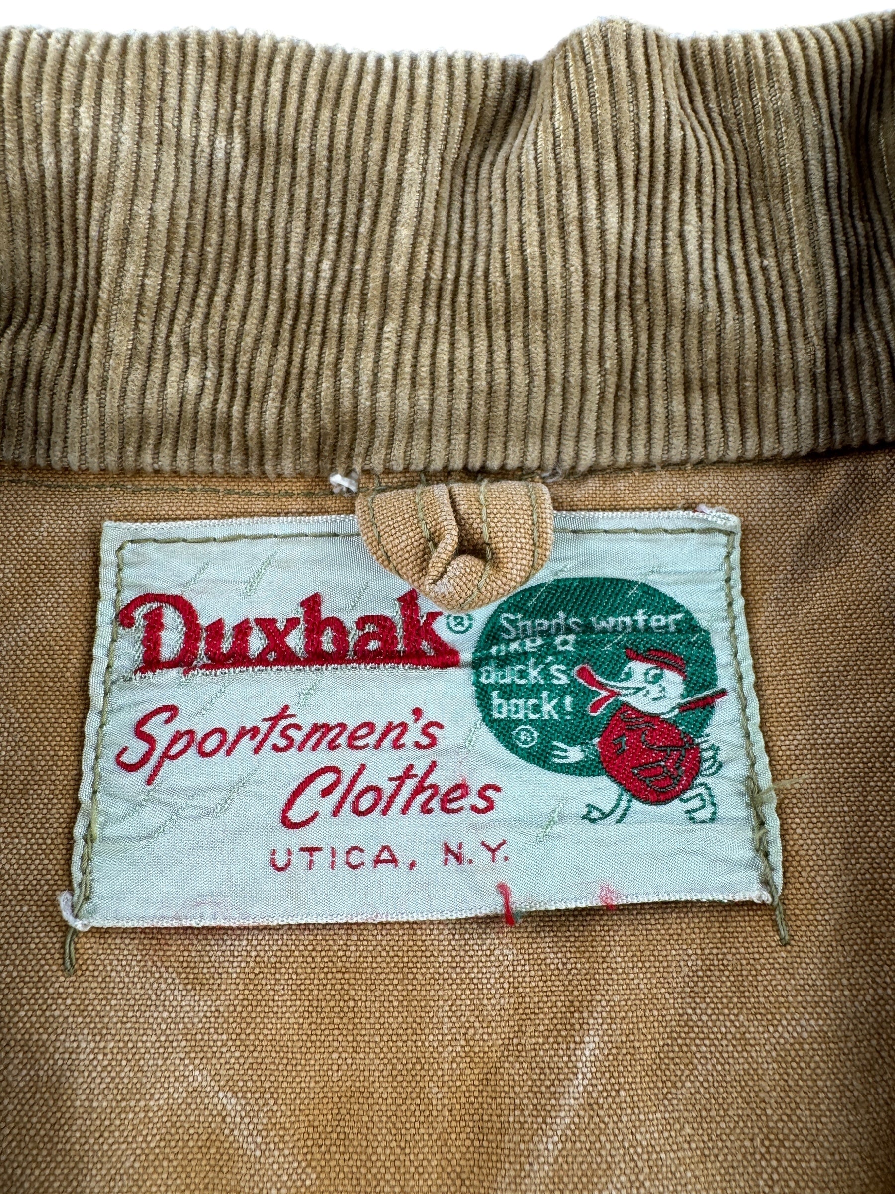 Label on Vintage 40s Era Duxbak Hunting Jacket SZ XL