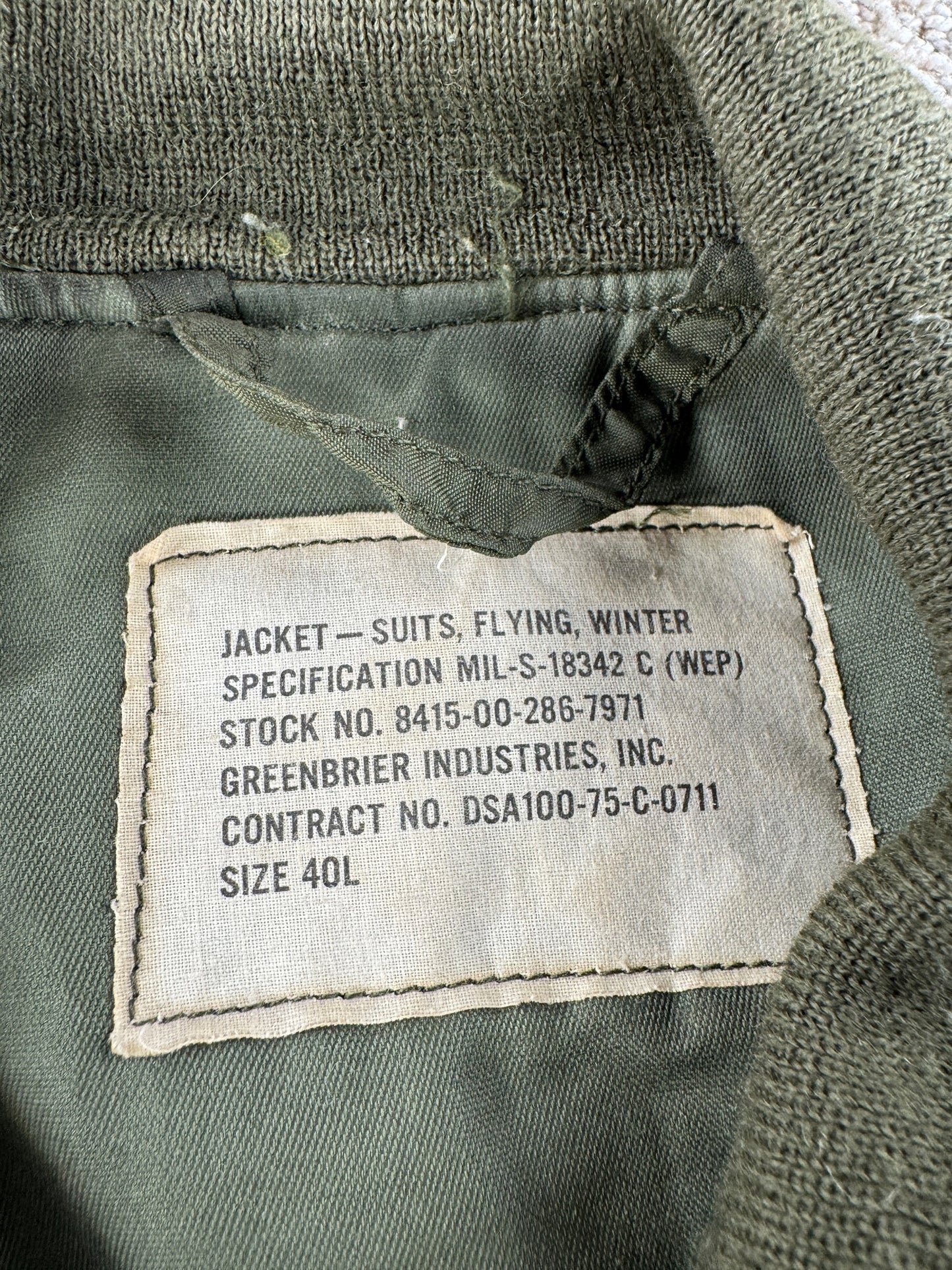 Tag on Vintage Vietnam Era G8 Flyers Jacket SZ 40