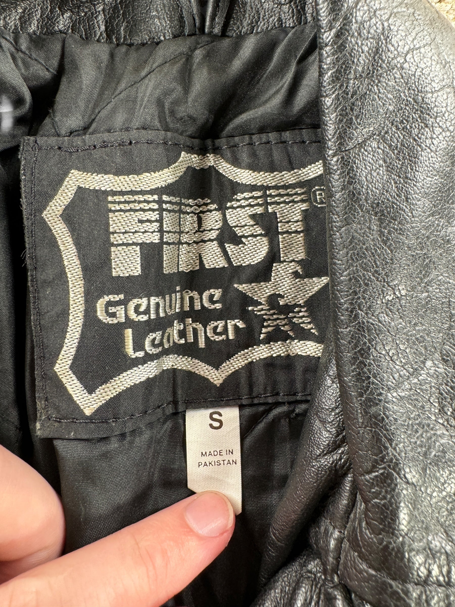 Tag on Vintage Womens 1980s First Leather Motorcycle Jacket SZ S