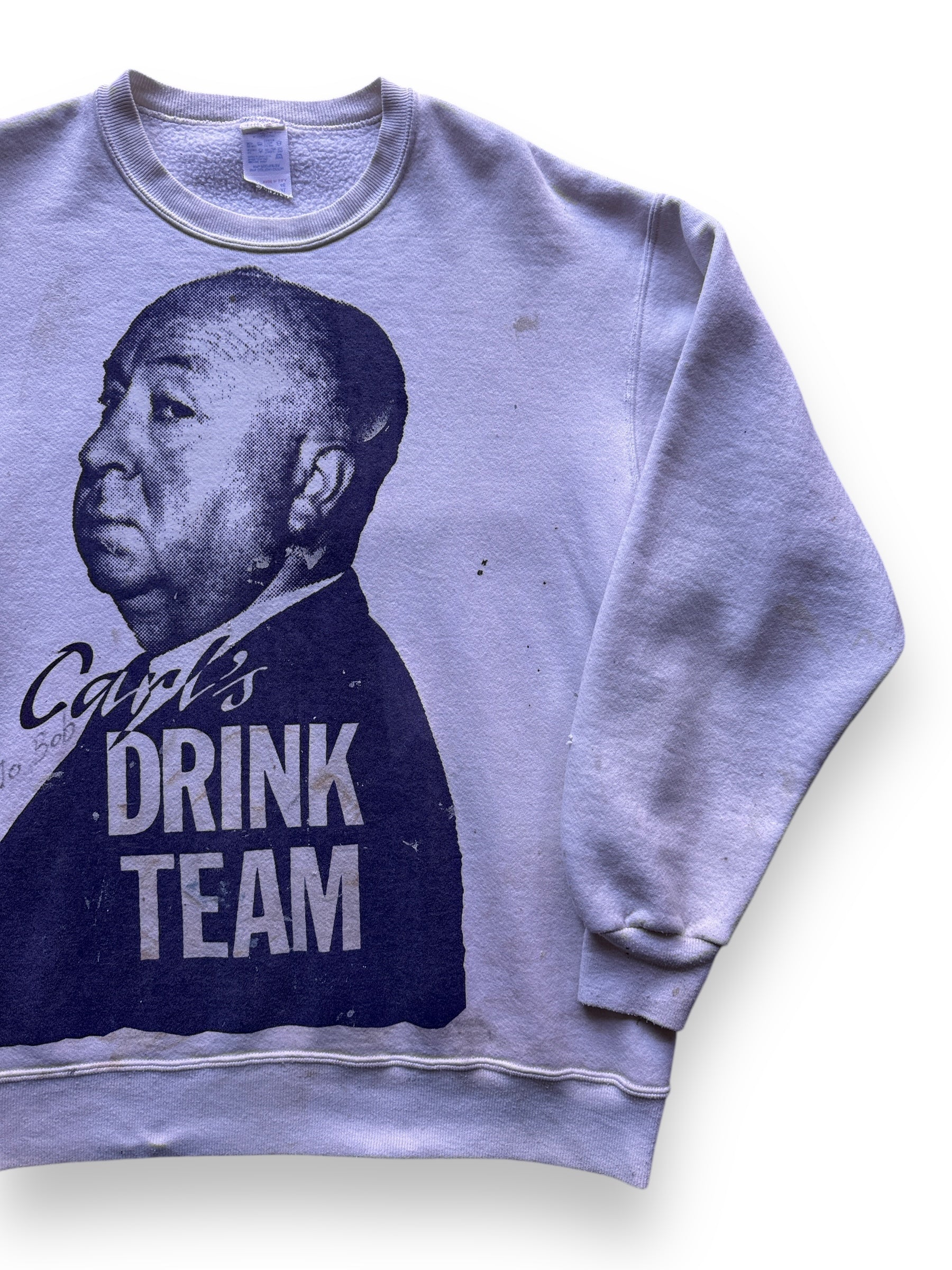 front left of Vintage Distressed Carl's Drink Team Hitchcock Crewneck SZ XL