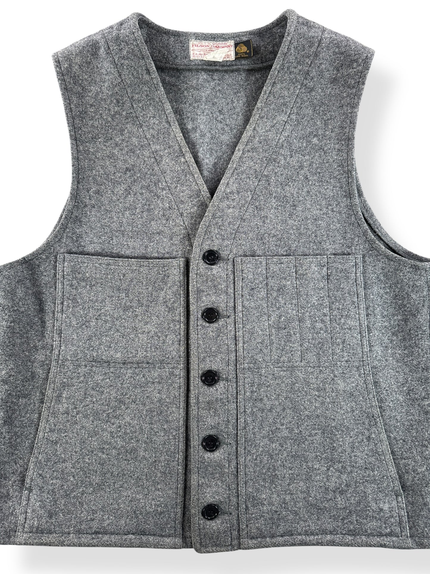 Front Close Up of Vintage Filson 80s Era Grey Wool Vest SZ 44