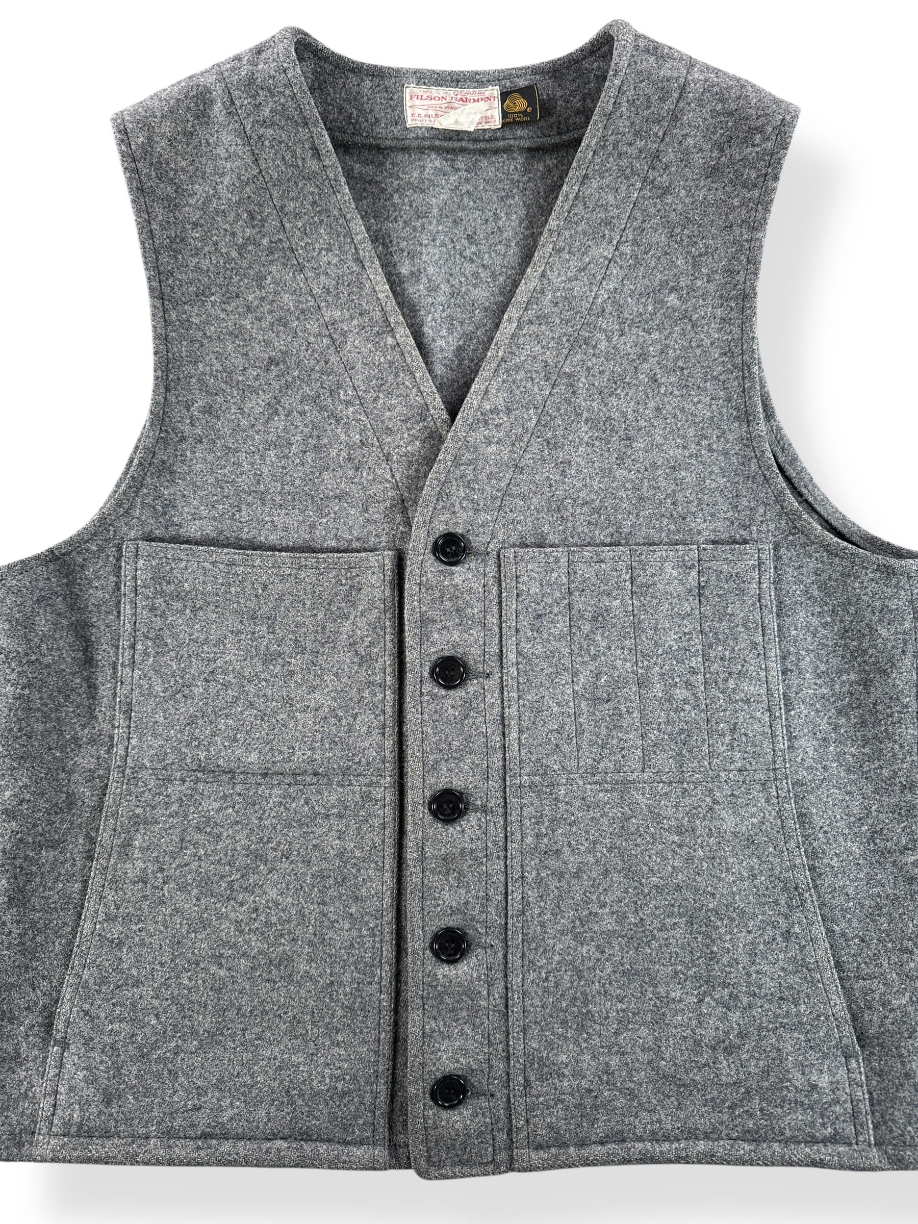 Front Close Up of Vintage Filson 80s Era Grey Wool Vest SZ 44