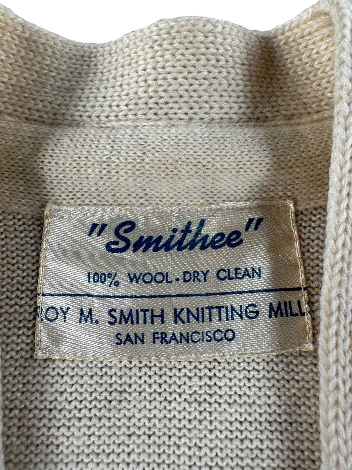 Label on Vintage Roy Smith Knitting Mills "Smithee" 65 Varsity Sweater SZ S
