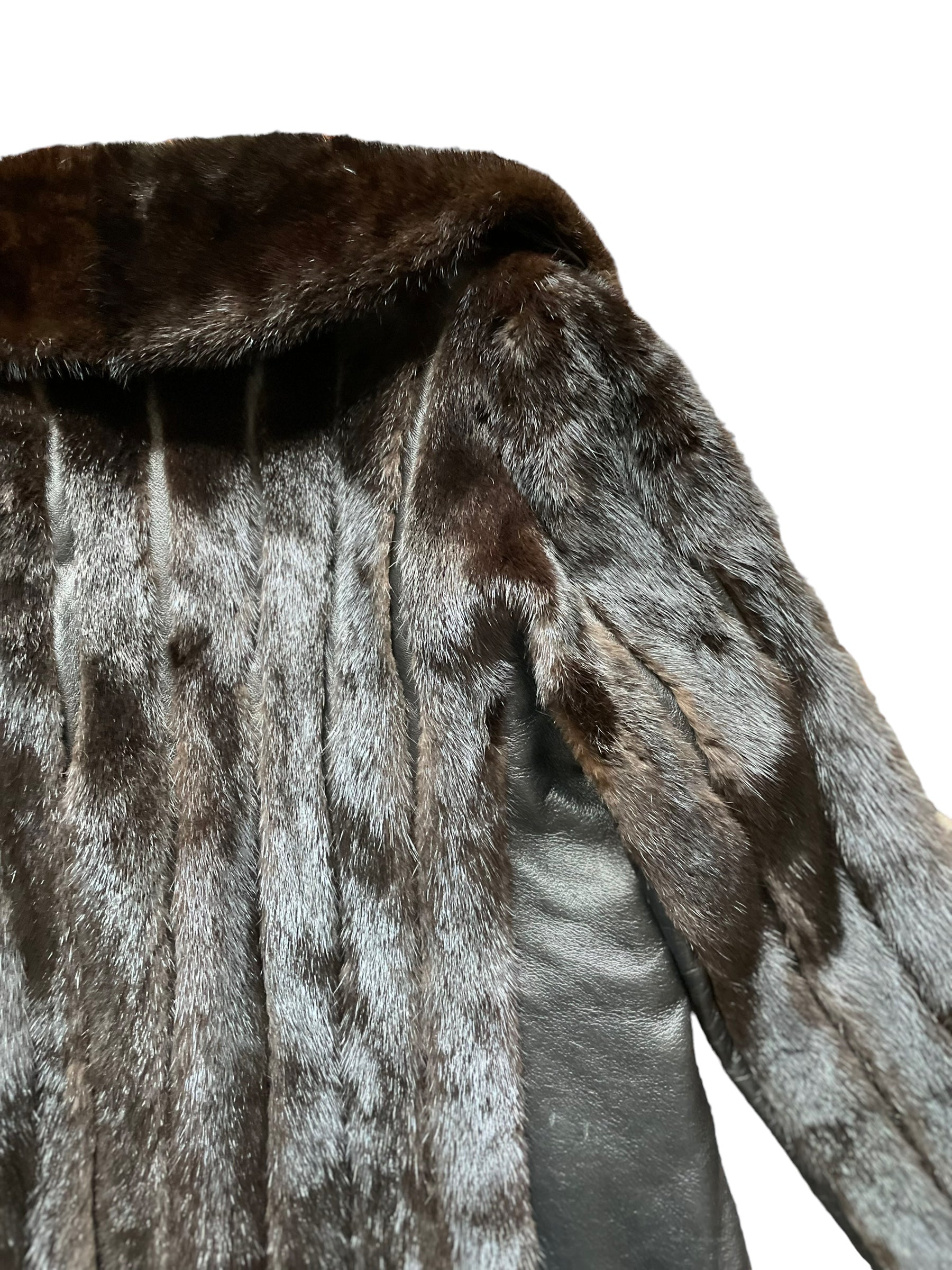 Back right shoulder view of Vintage 1940s-50s Leather and Fur Belted Coat SZ M-L | Seattle True Vintage | Barn Owl Vintage Coats