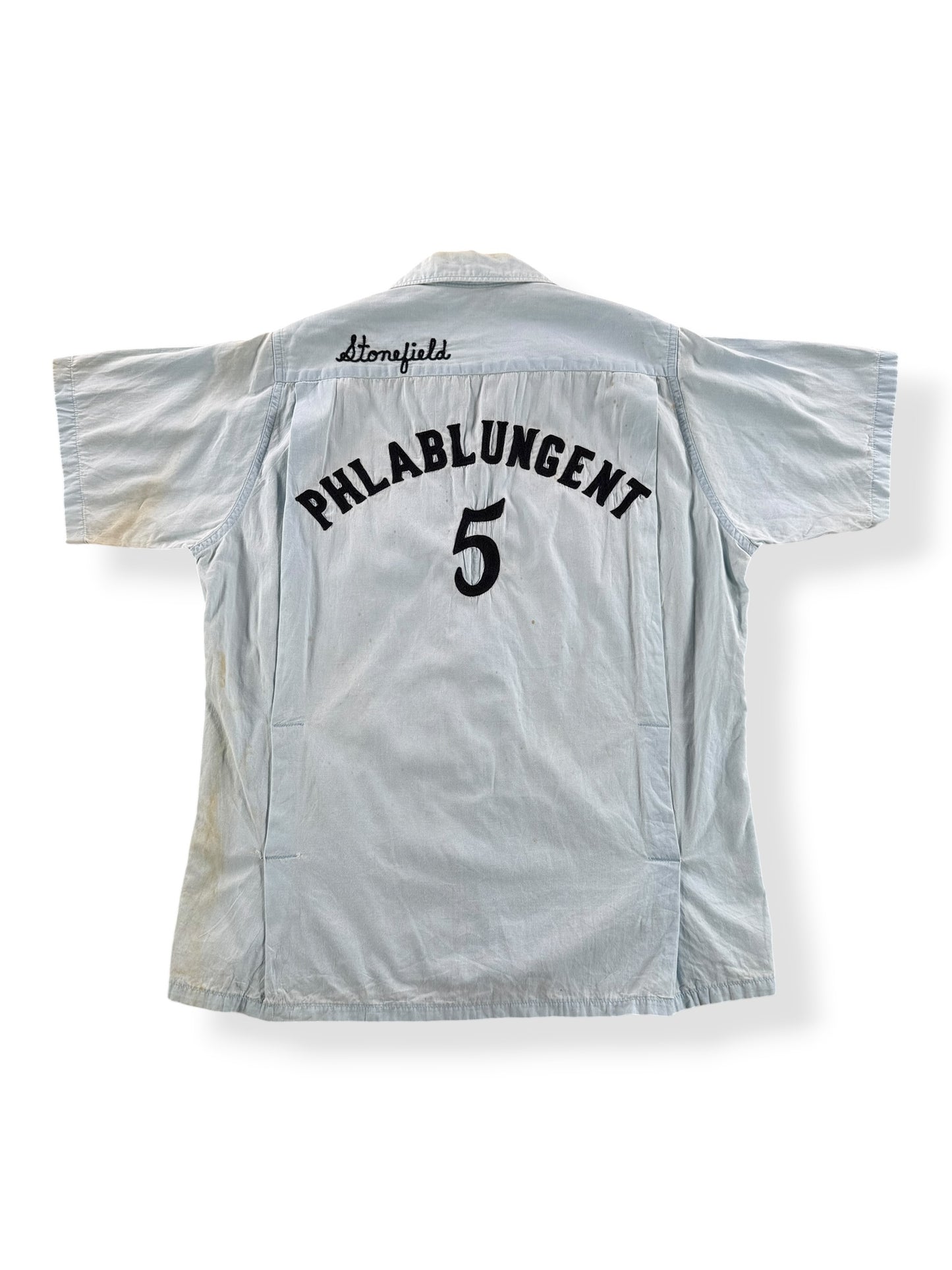 Back of Vintage Chambray-esque Bowling Shirt SZ S AS IS