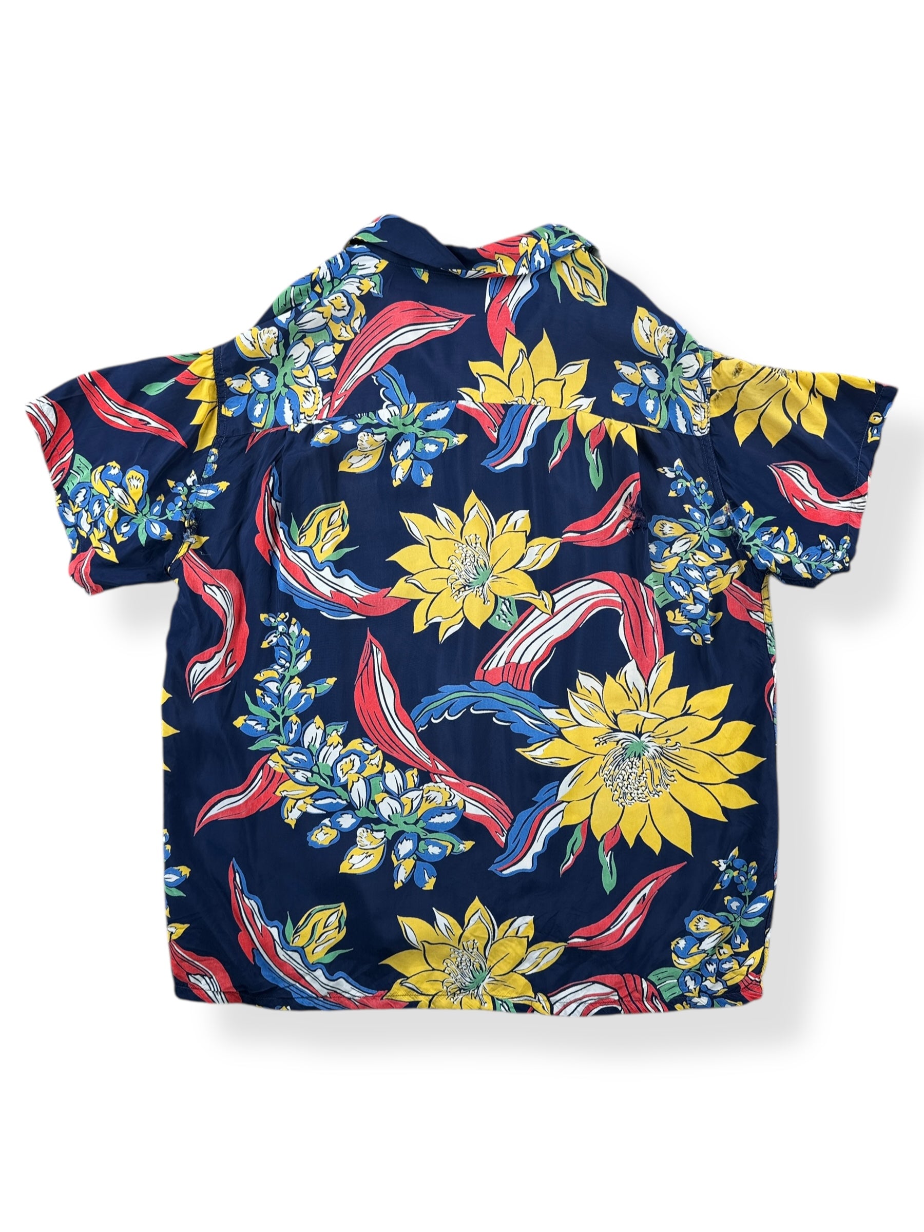 Back of Vintage Navy Blue Floral Aloha Shirt SZ L AS IS