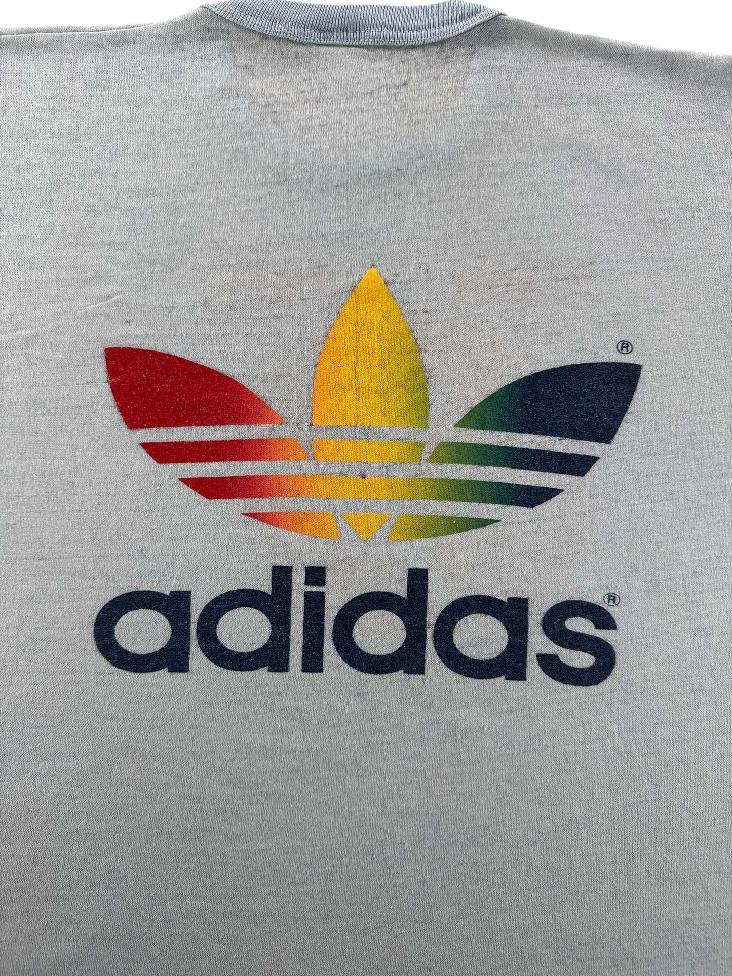 Back Graphic of Vintage 1980 Adidas Prefontaine Rainbow Trefoil Tee SZ S