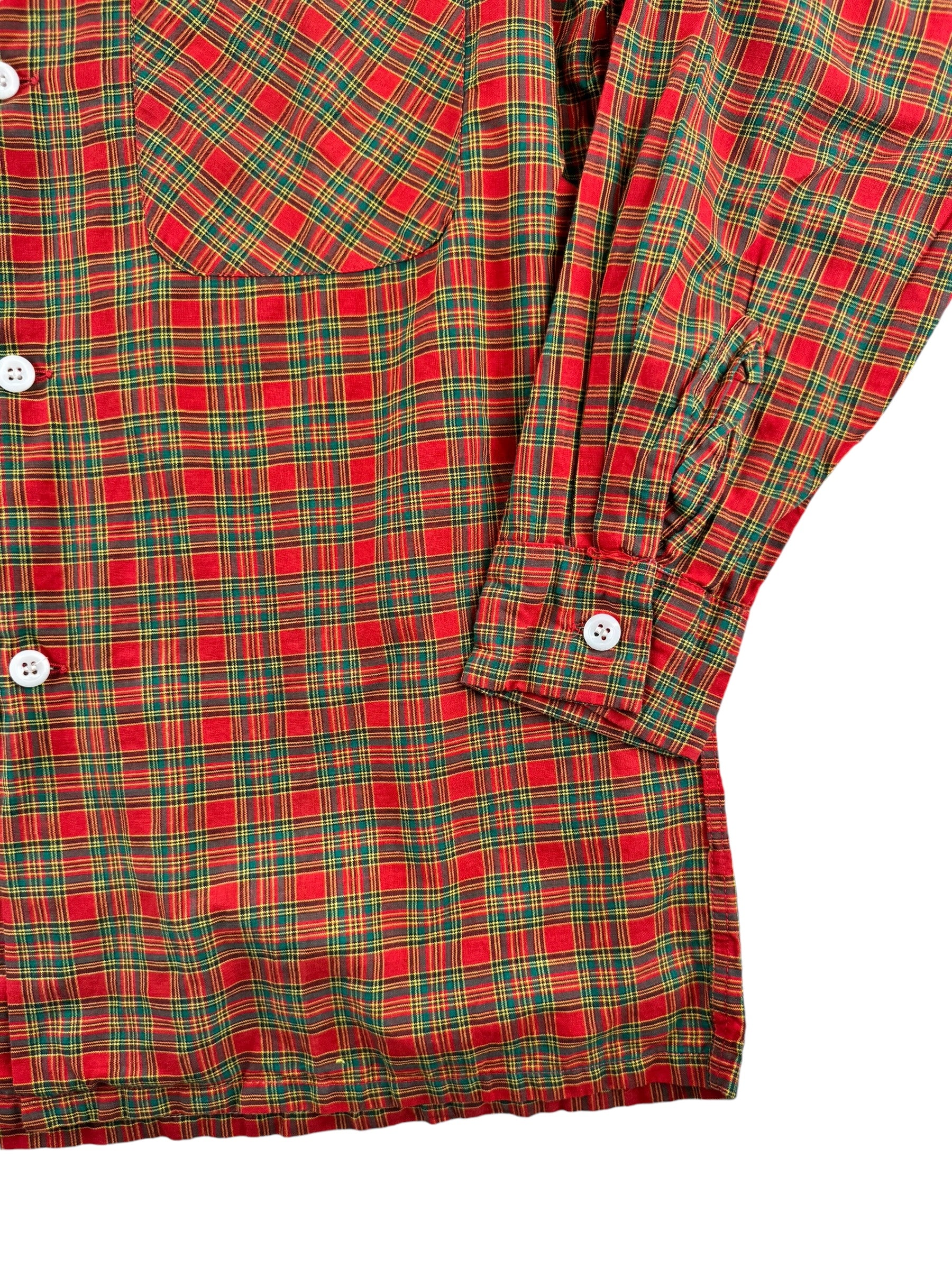 Front bottom left side of 1940s Ace of California Plaid Loop Collar Shirt M