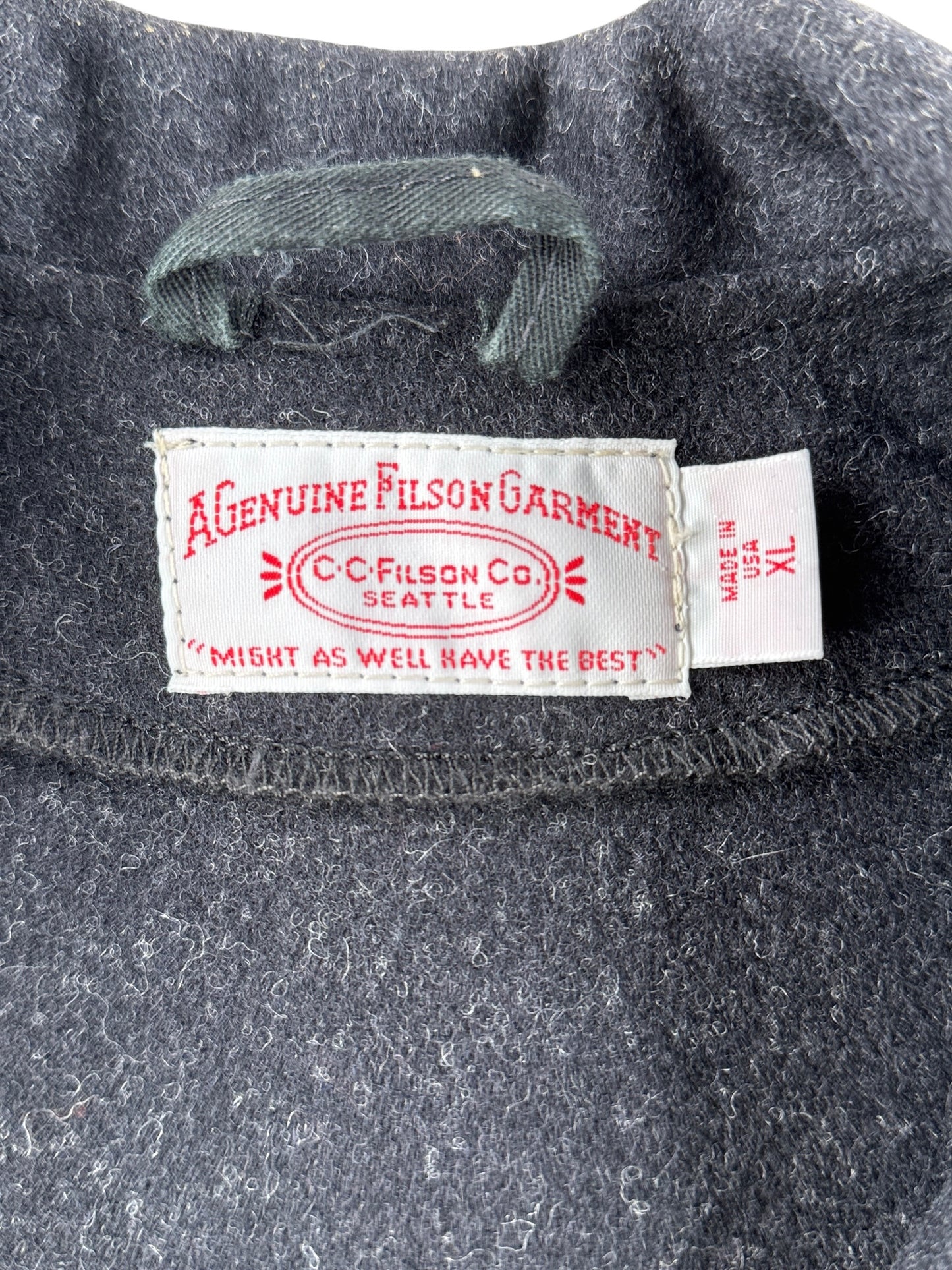 Tag on Filson Charcoal Grey Mackinaw Wool Western Vest SZ XL