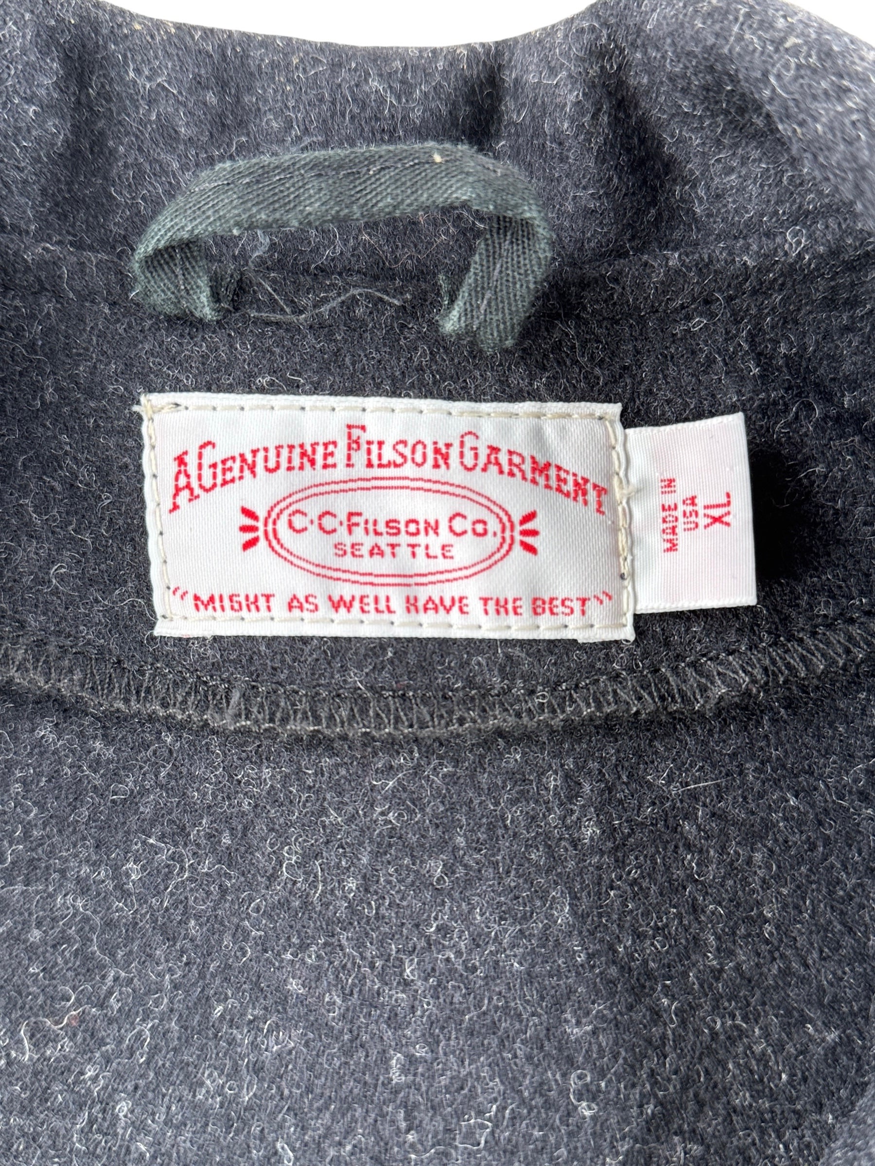 Tag on Filson Charcoal Grey Mackinaw Wool Western Vest SZ XL