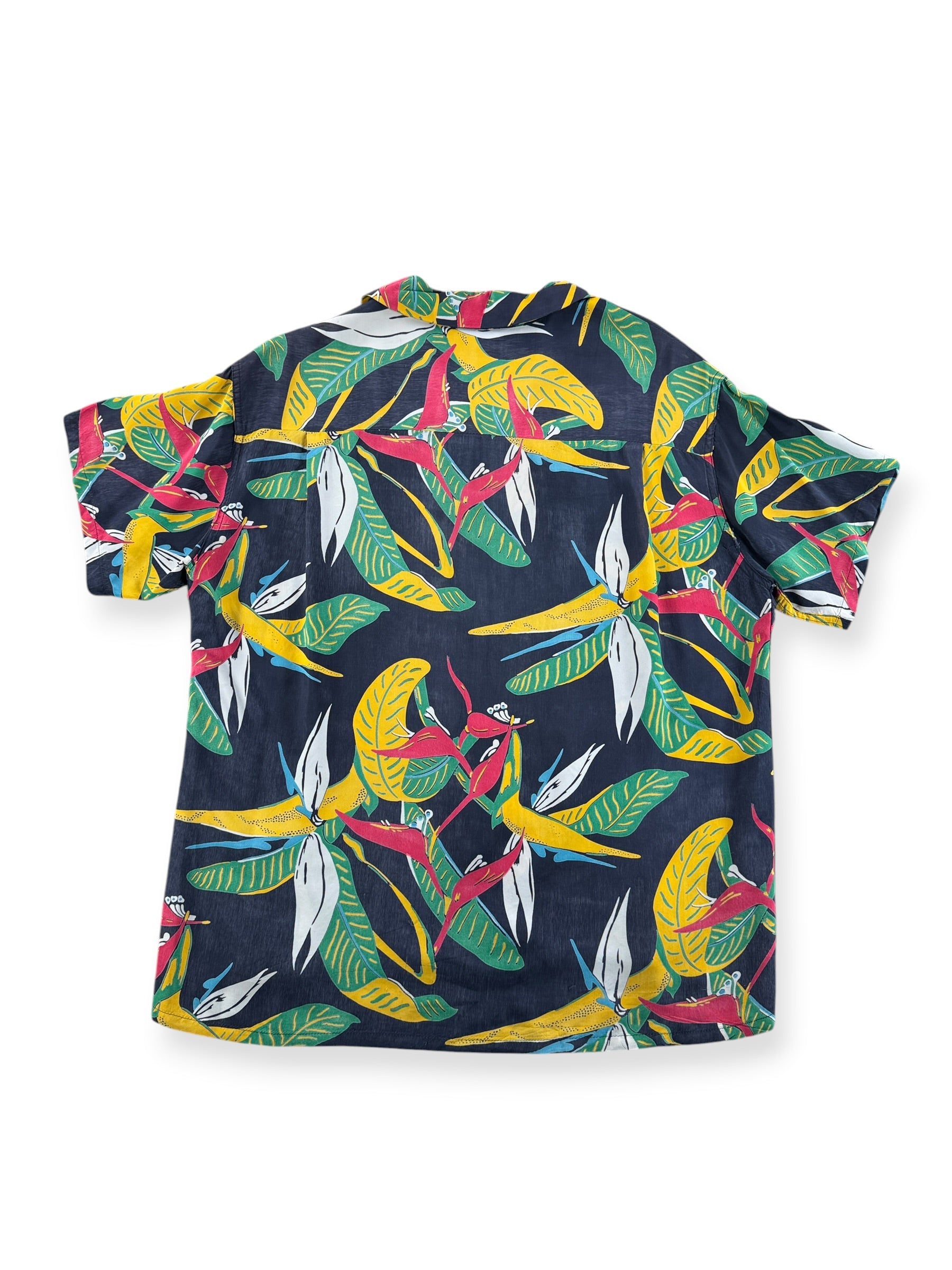 Back of Vintage Rayon Black Floral Aloha Shirt SZ L