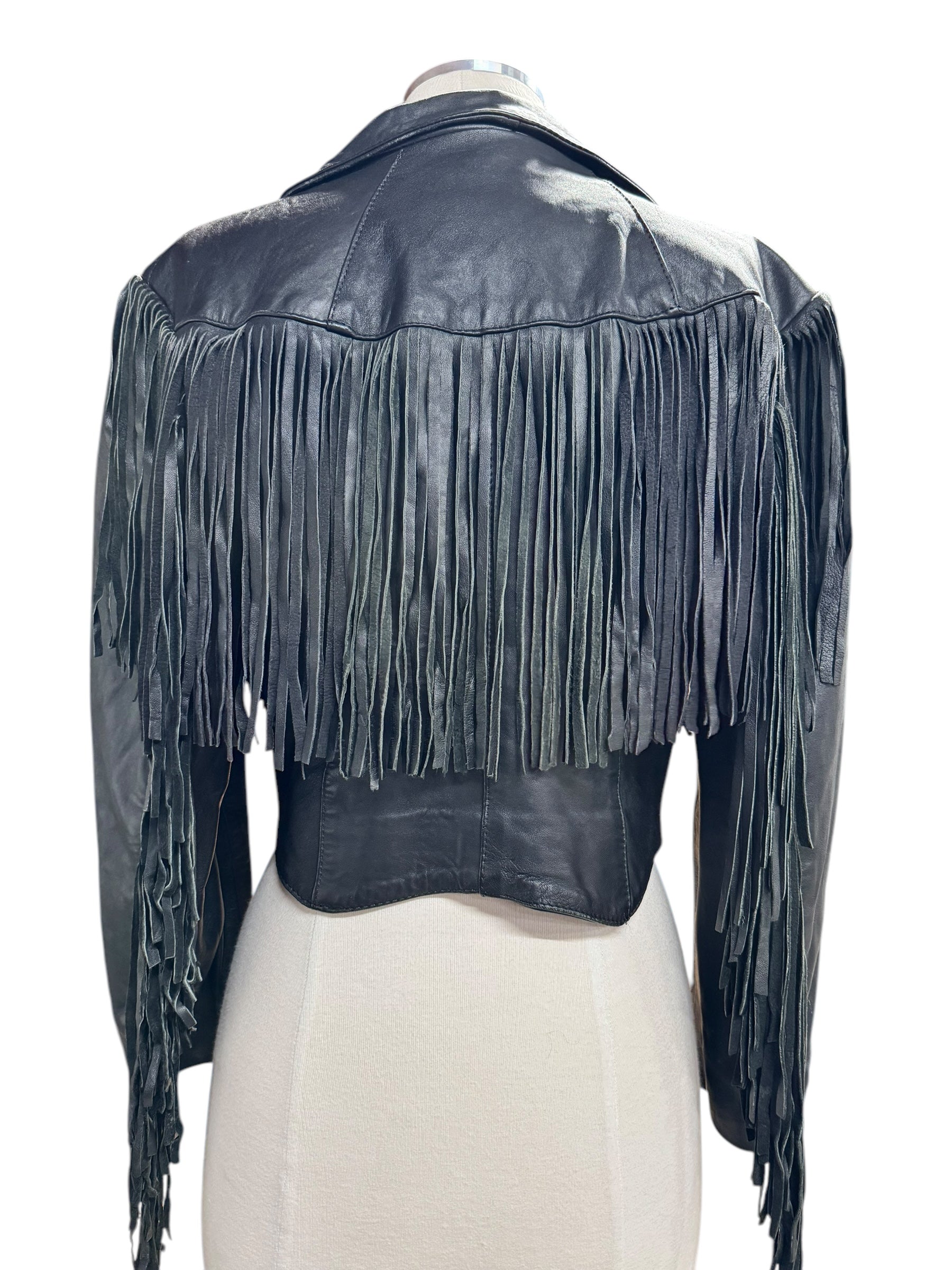 Bck view of 1980s Black Leather Fringe Cropped Jacket M