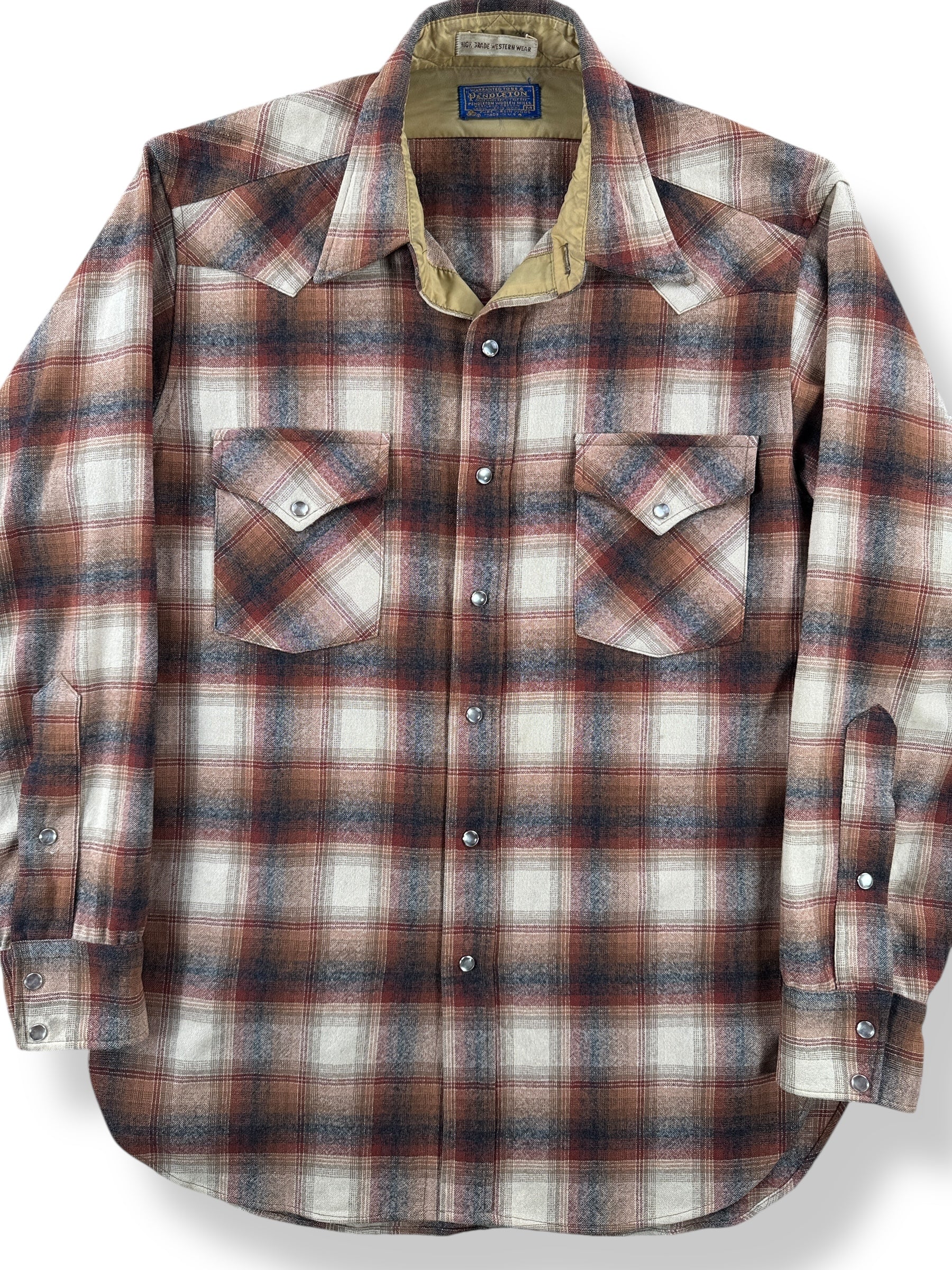 Front Close Up of Vintage Pendleton Burgundy Plaid Pearlsnap Flannel SZ M