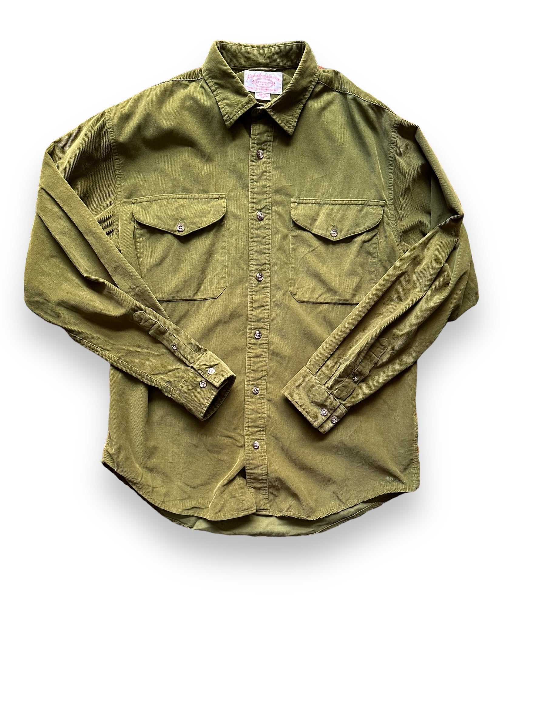 Front View of Filson Green Corduroy Shirt SZ M |  Barn Owl Vintage Goods Seattle | Filson Bargain Outlet