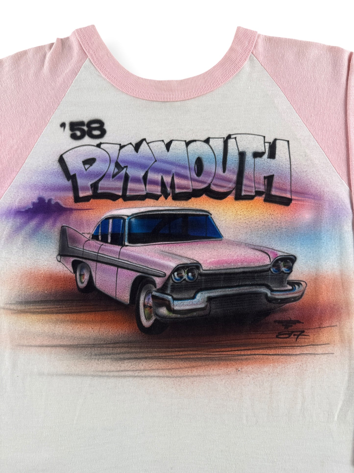 Front graphic on Vintage '58 Plymouth Airbrushed Baseball Tee SZ L