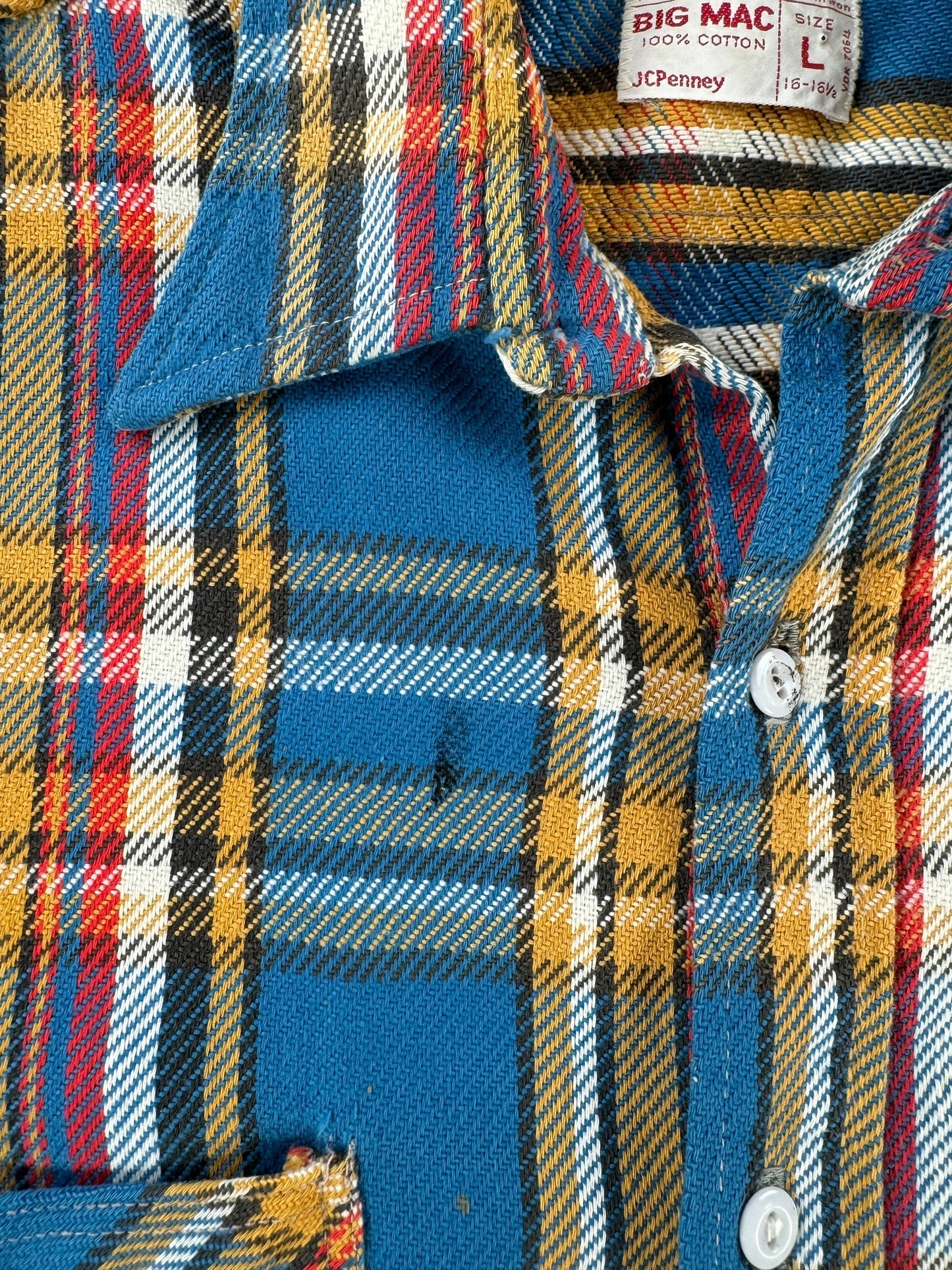 Stain on Vintage Big Mac Blue and Yellow Plaid Cotton Flannel SZ L