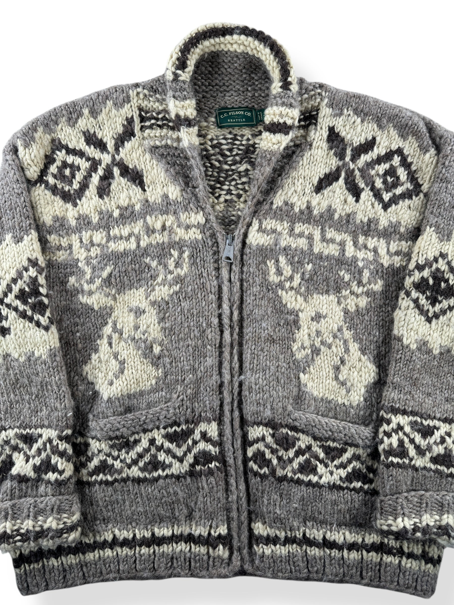 Front Close Up of Filson Green Label Cowichan Style Sweater SZ L