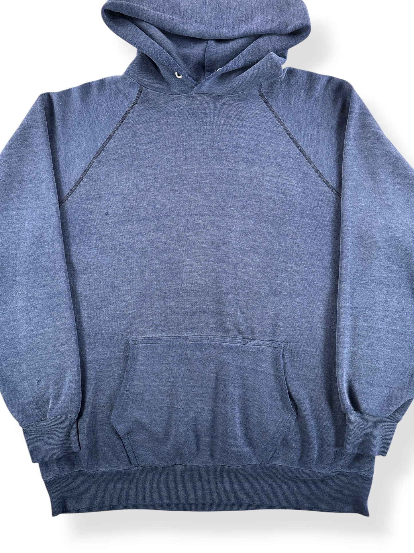 Front Close Up of Vintage Faded Blue Gussetted Hoodie SZ L