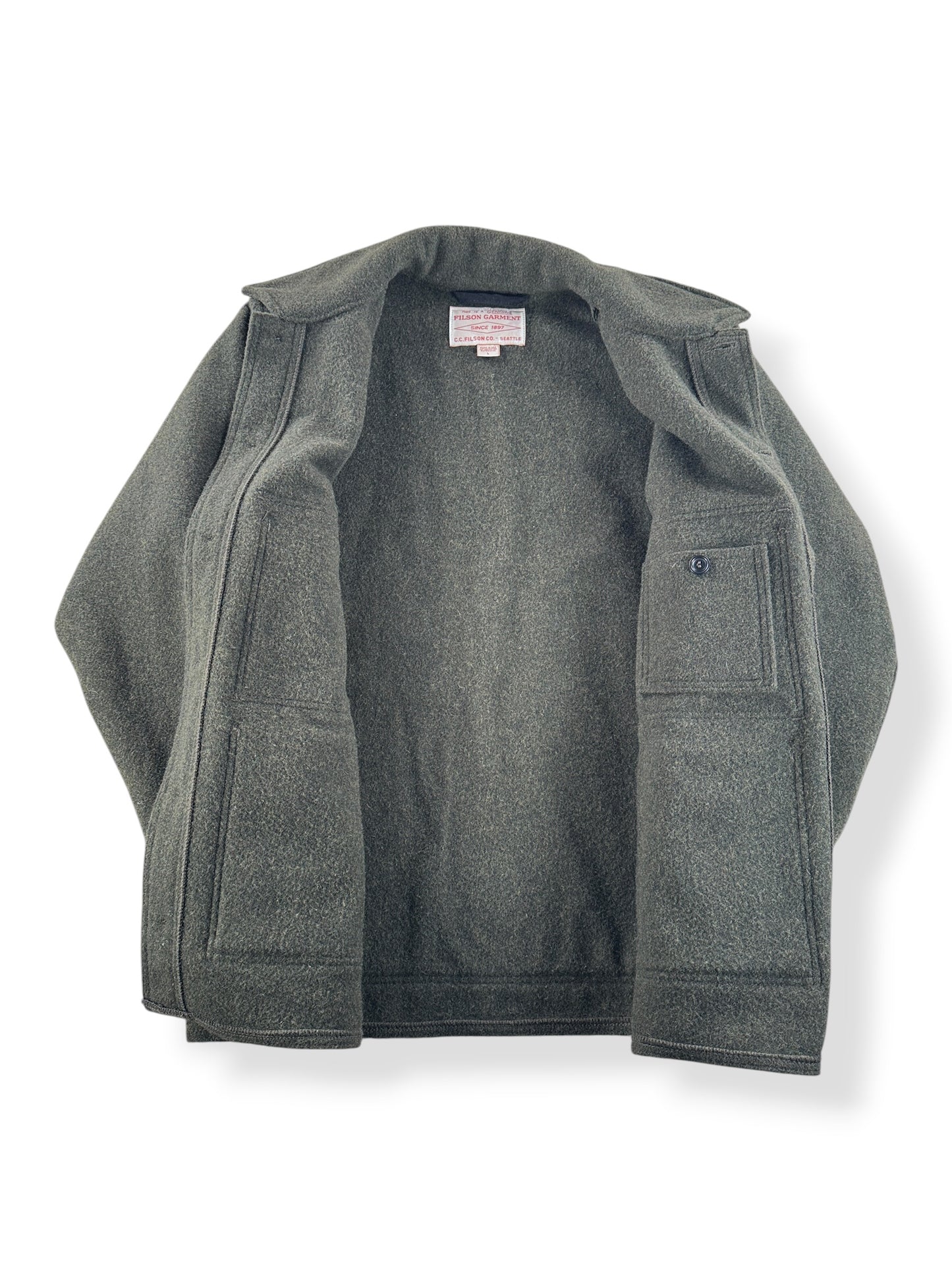 Inside of Filson Forest Green Mackinaw Cruiser SZ L