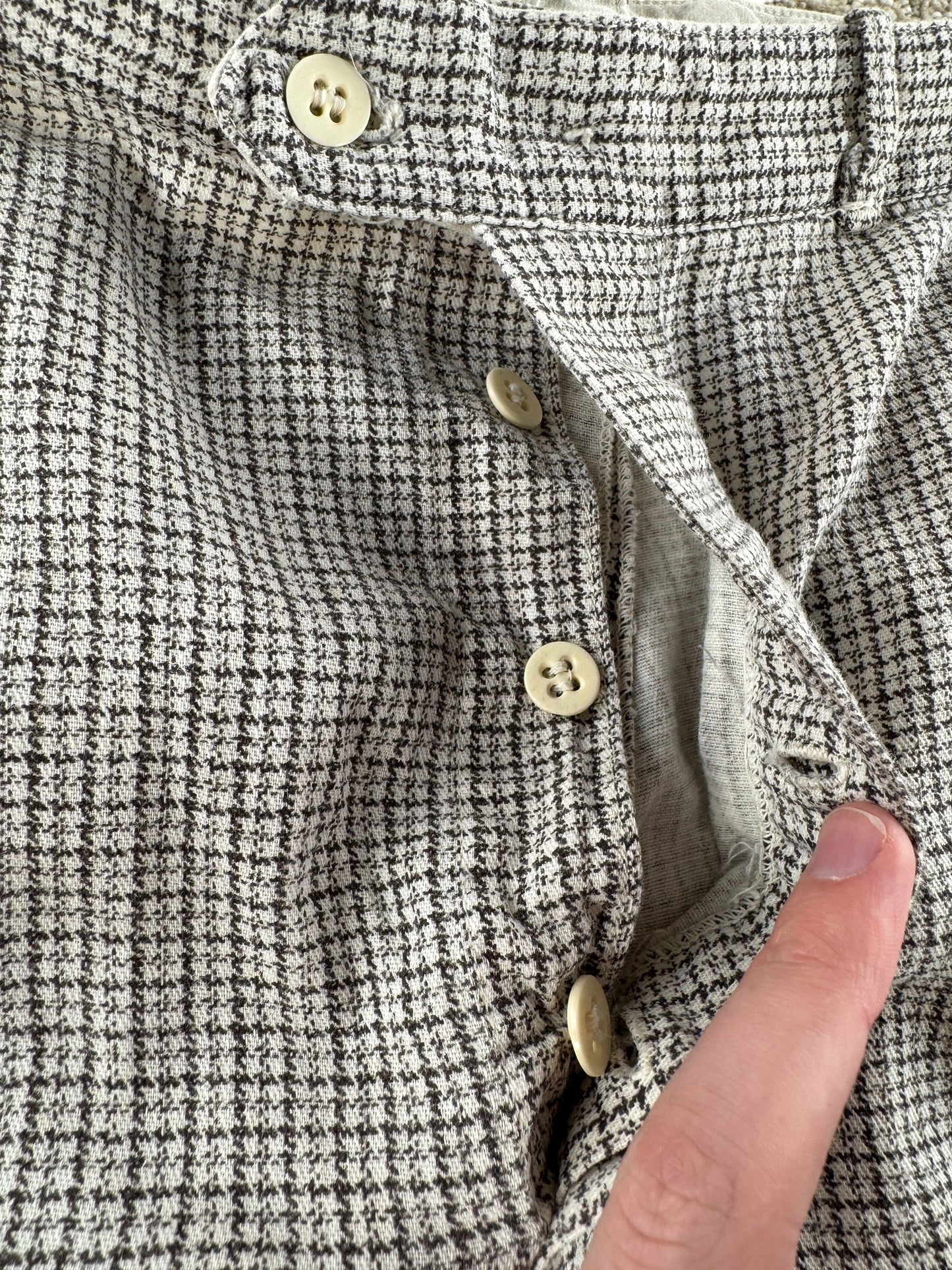Button Fly on Vintage 40s Plaid Cotton Side Cinch Trousers W34