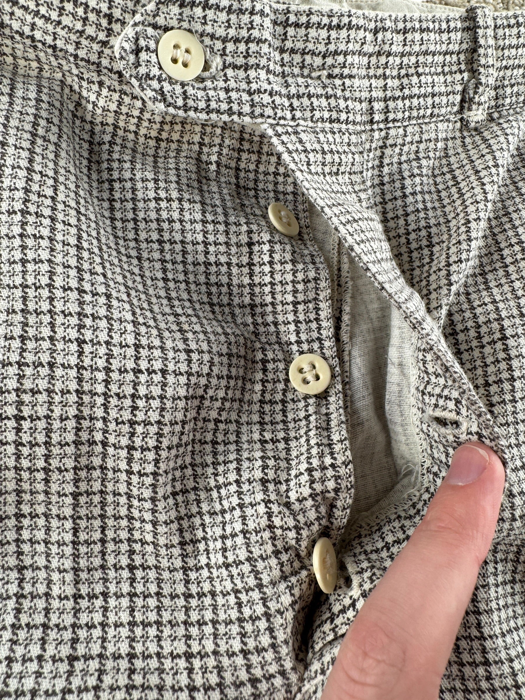 Button Fly on Vintage 40s Plaid Cotton Side Cinch Trousers W34
