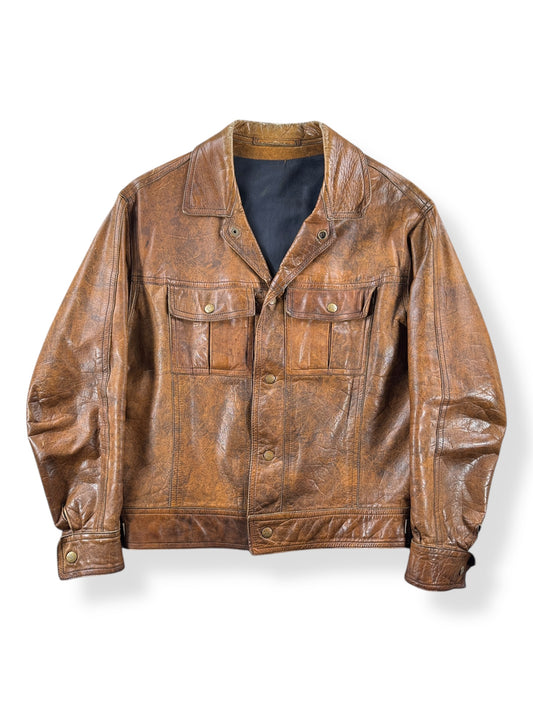Front of Vintage Swedish Made Leather Trucker Jacket SZ M