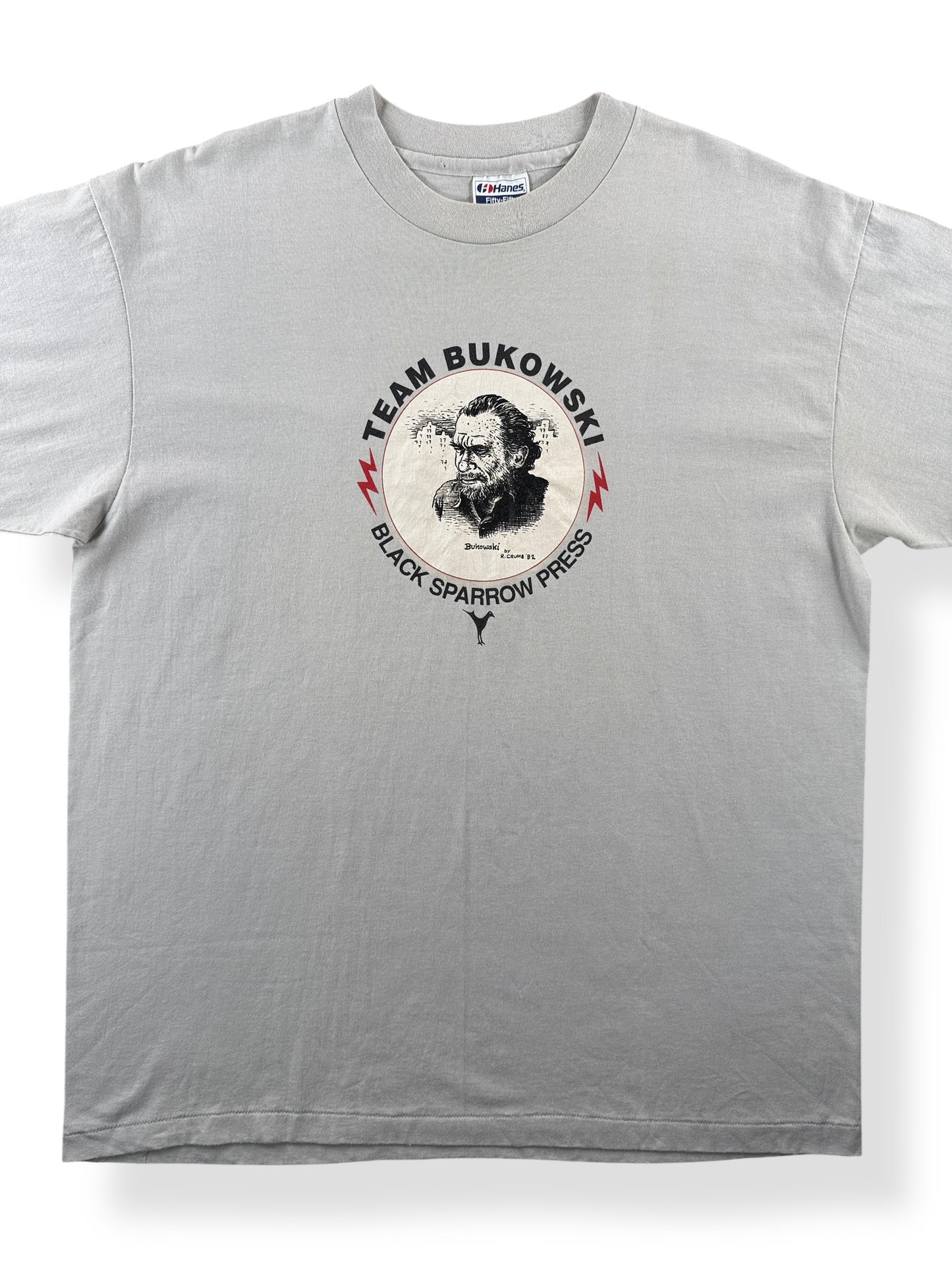 Front Close Up of Vintage Black Sparrow Press Team Bukowski Tee SZ XL