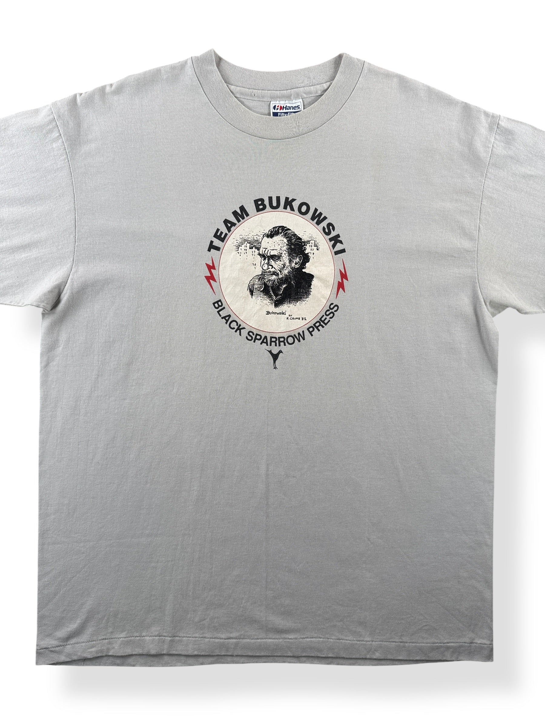 Front Close Up of Vintage Black Sparrow Press Team Bukowski Tee SZ XL