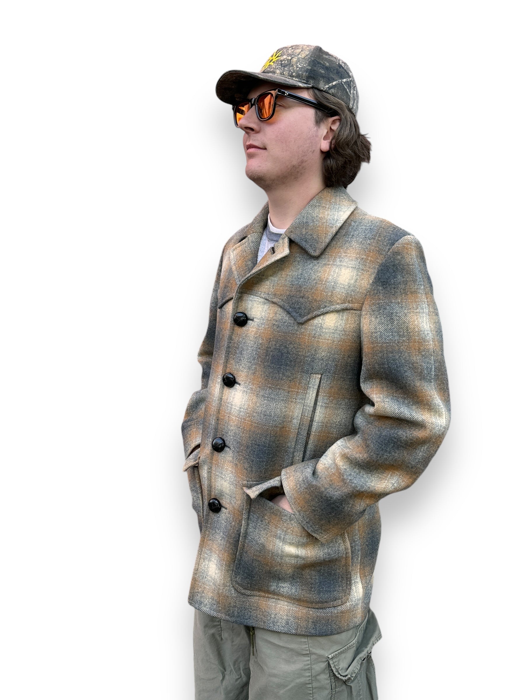 3/4 on body of Vintage Pendleton Shadow Plaid Overcoat SZ 42