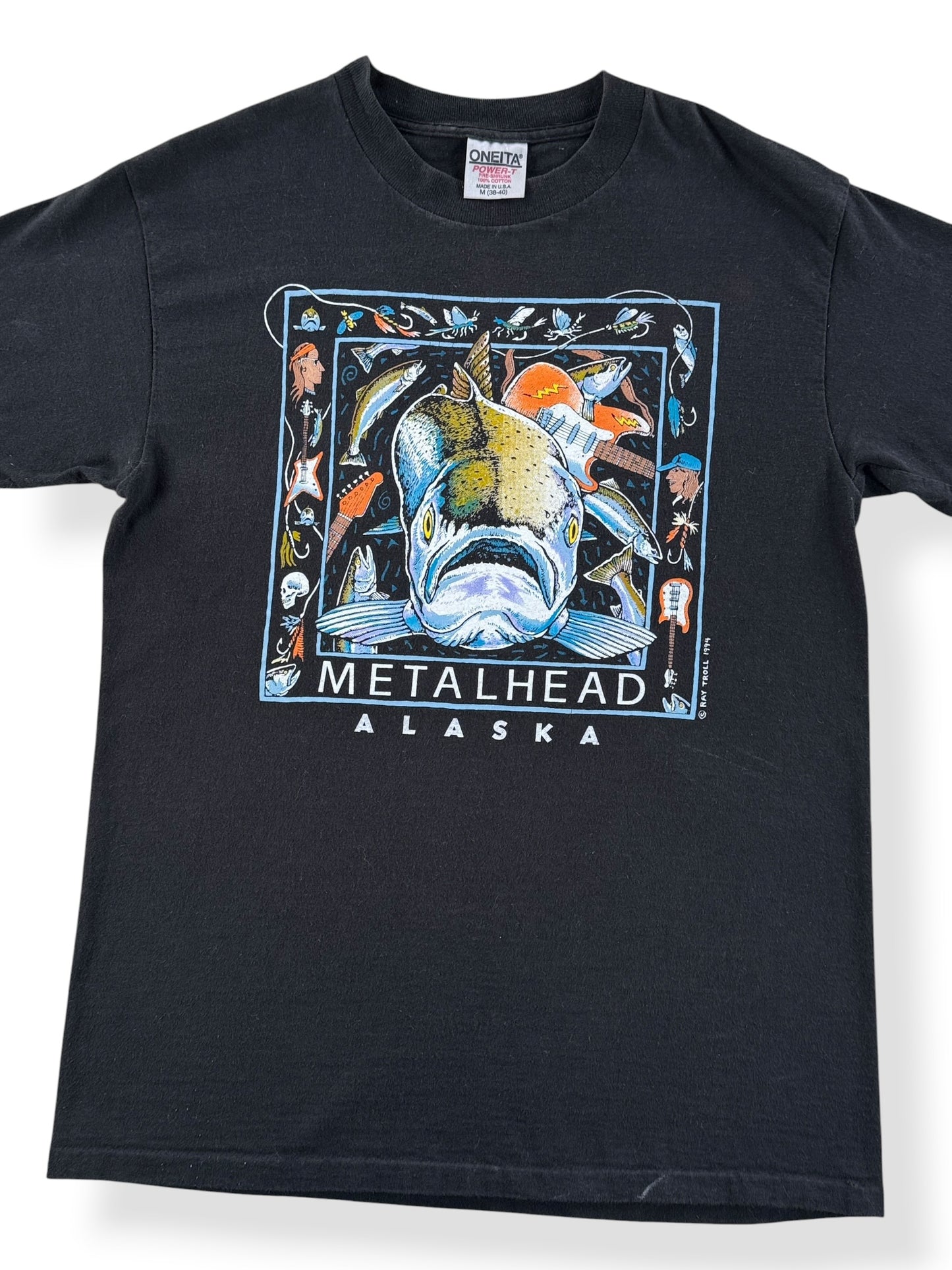 Front Close Up of Vintage Ray Troll Metalhead Tee SZ M