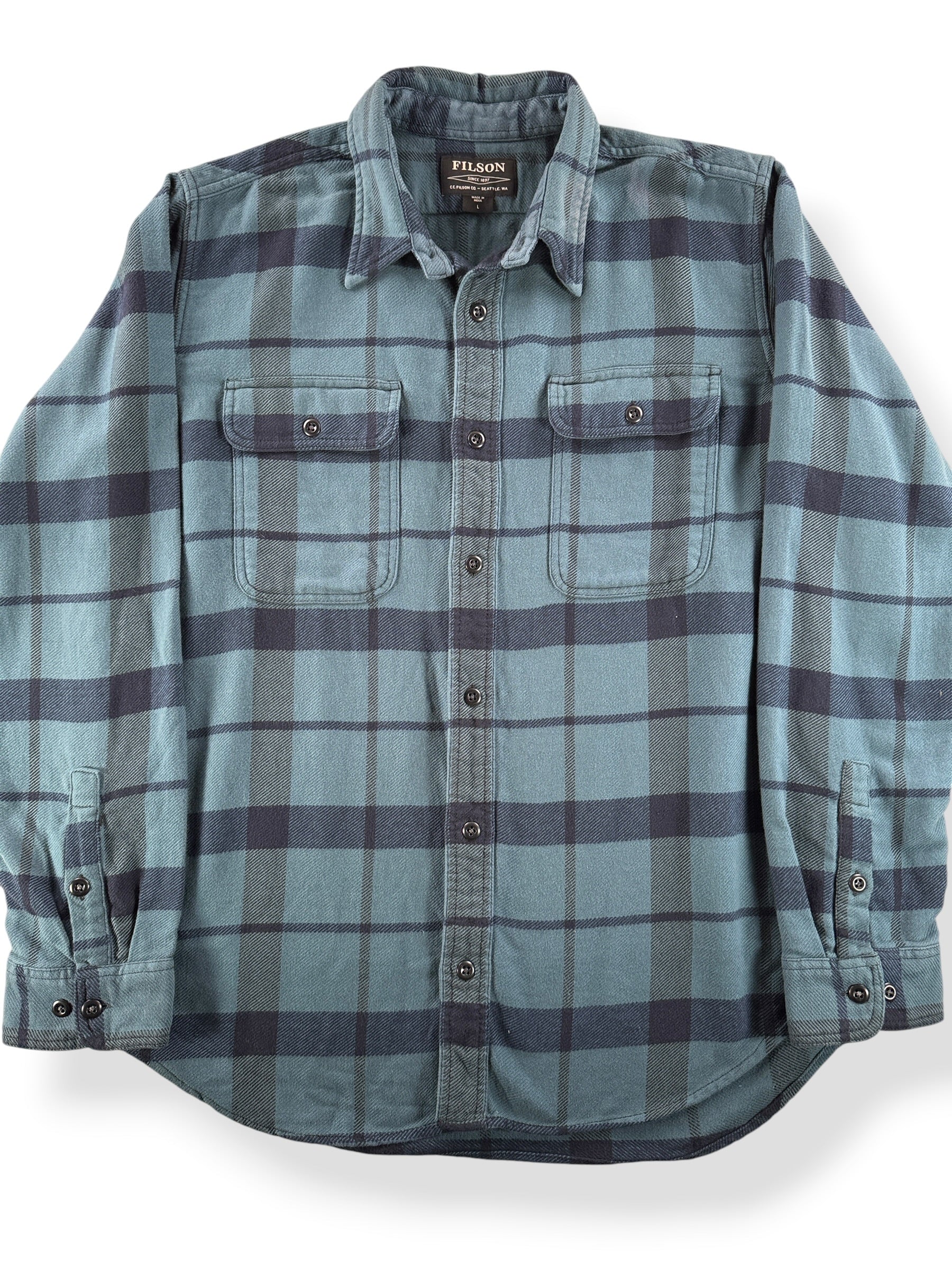 Front Close Up of Filson Blue Navy Vintage Flannel Work Shirt SZ L