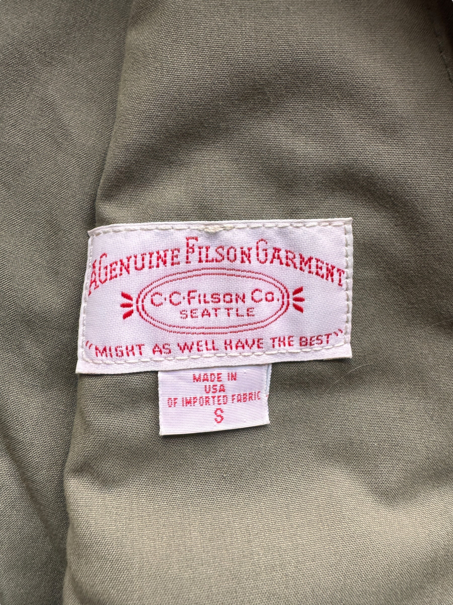 Tag on Filson Oil Finish Cover Cloth Shooting Jacket SZ S