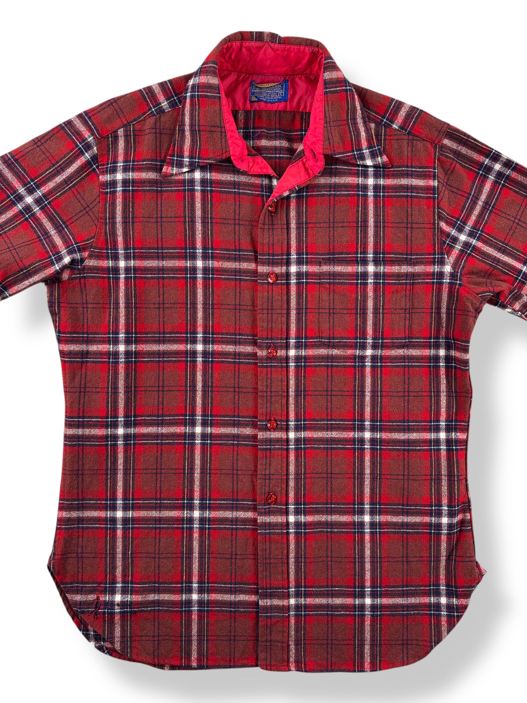 Front Close Up of Vintage Red Plaid Short Sleeve Pendleton Flannel SZ L